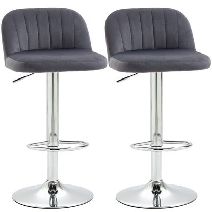 Set of 2 Upholstered Kitchen Bar Stools Velvet Barstools with Adjustable Height Swivel Seat and Footrest 120 kg Capacity 43x45x81-101 cm Grey