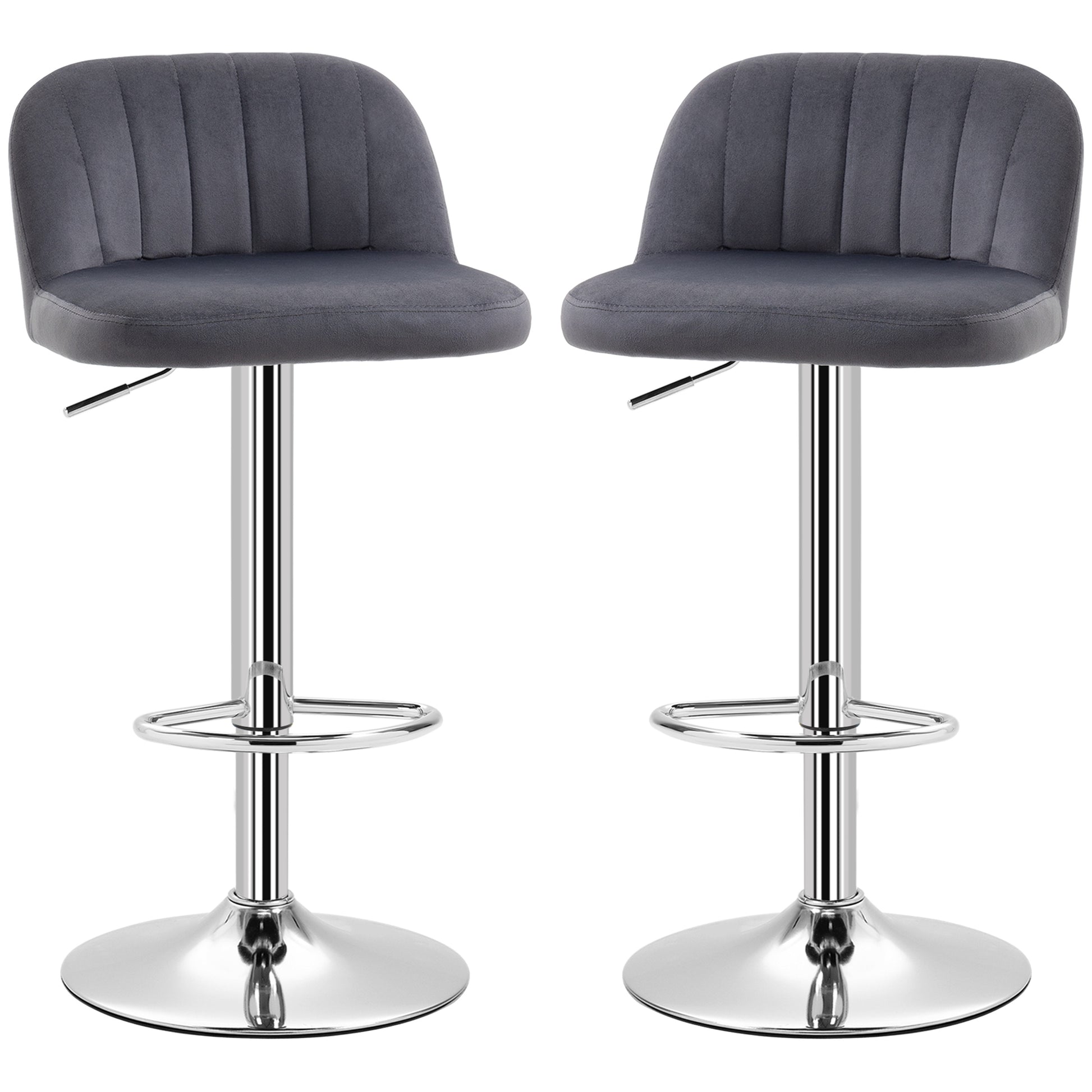 Set of 2 Upholstered Kitchen Bar Stools Velvet Barstools with Adjustable Height Swivel Seat and Footrest 120 kg Capacity 43x45x81-101 cm Grey