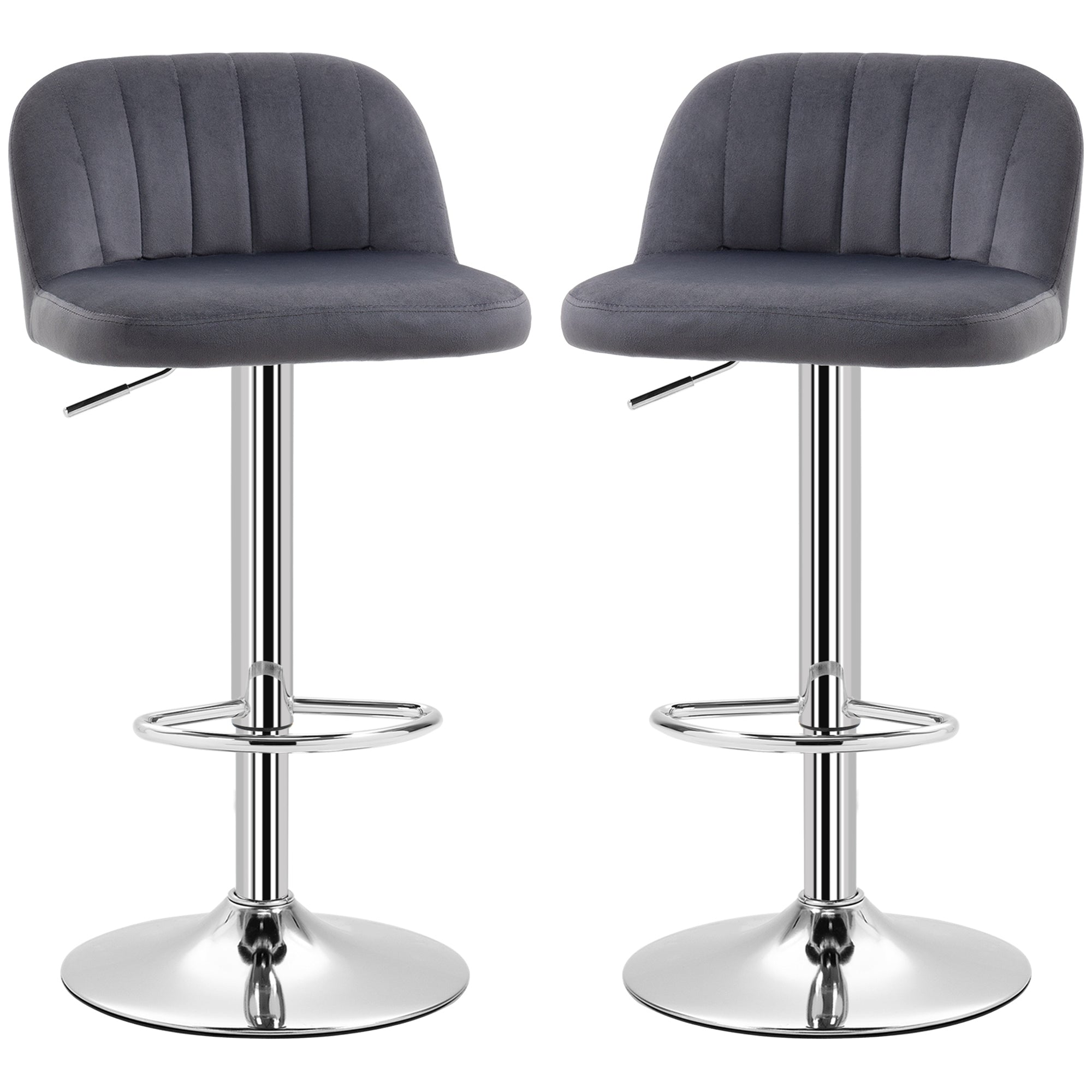 Set of 2 Upholstered Kitchen Bar Stools Velvet Barstools with Adjustable Height Swivel Seat and Footrest 120 kg Capacity 43x45x81-101 cm Grey