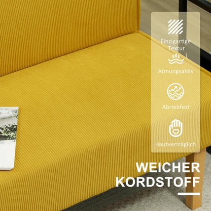 2 Seater Sofa, Couch with Corduroy Look, Wooden Legs, Padded Upholstered Sofa, Double Sofa for Bedroom, Living Room, 110 x 62 x 85 cm, Yellow