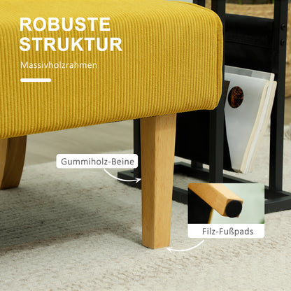 2 Seater Sofa, Couch with Corduroy Look, Wooden Legs, Padded Upholstered Sofa, Double Sofa for Bedroom, Living Room, 110 x 62 x 85 cm, Yellow