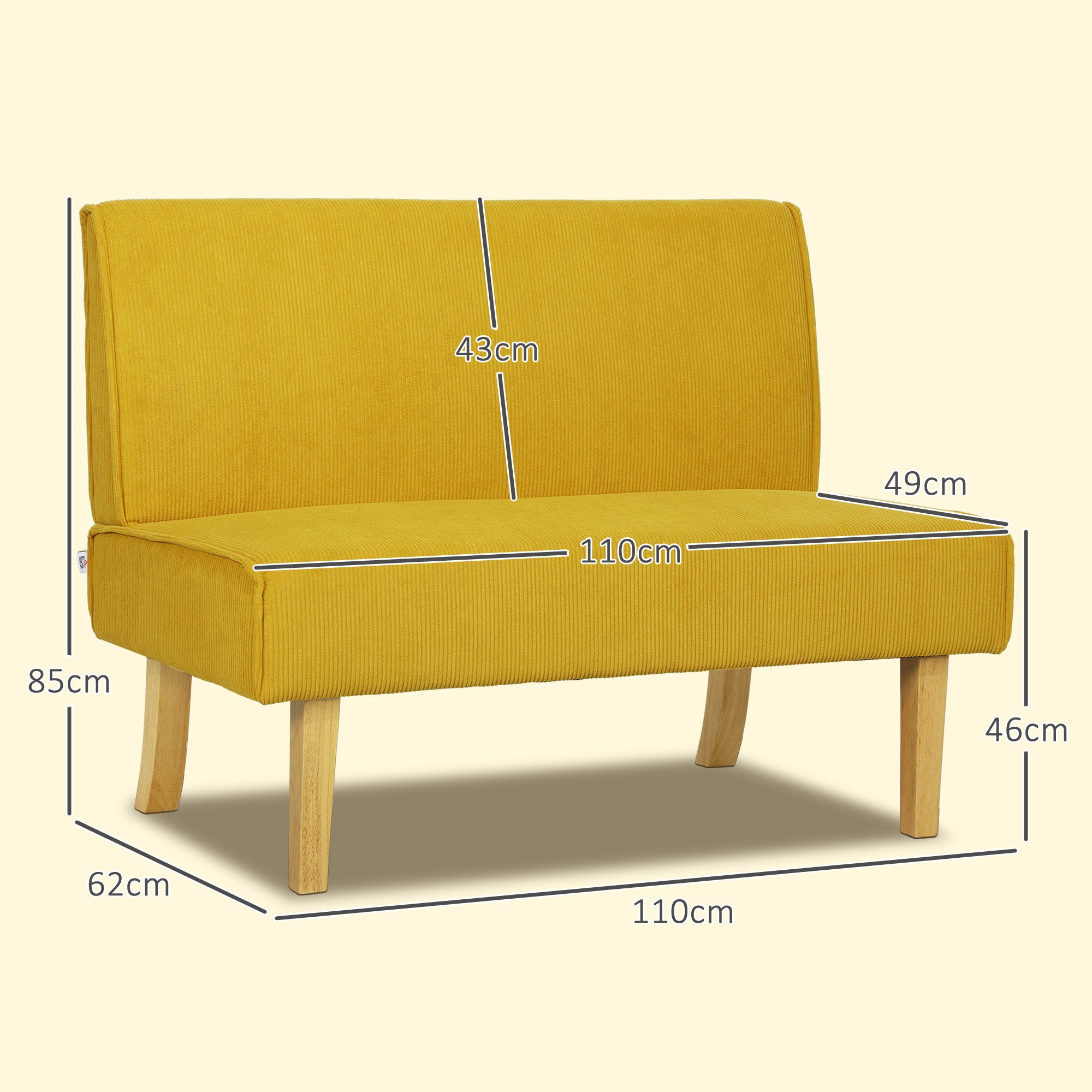 2 Seater Sofa, Couch with Corduroy Look, Wooden Legs, Padded Upholstered Sofa, Double Sofa for Bedroom, Living Room, 110 x 62 x 85 cm, Yellow