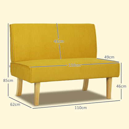 2 Seater Sofa, Couch with Corduroy Look, Wooden Legs, Padded Upholstered Sofa, Double Sofa for Bedroom, Living Room, 110 x 62 x 85 cm, Yellow