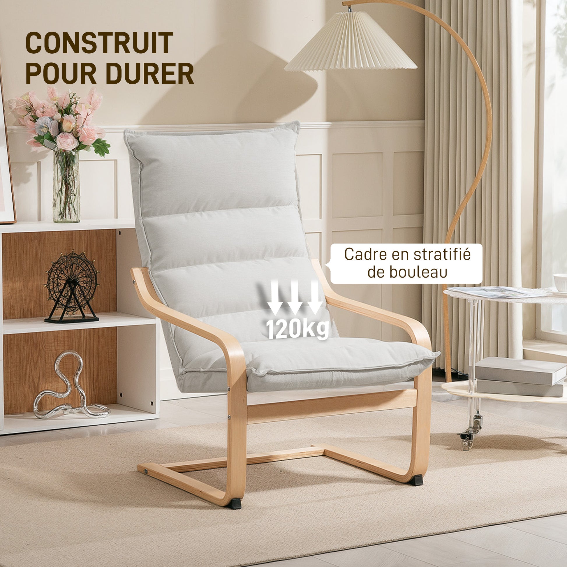 Modern Leisure Lounge Chair for Bedroom with Curved Armrests, Cushions, Velvet Lounge Chair - 67 x 83 x 105 cm, Cream
