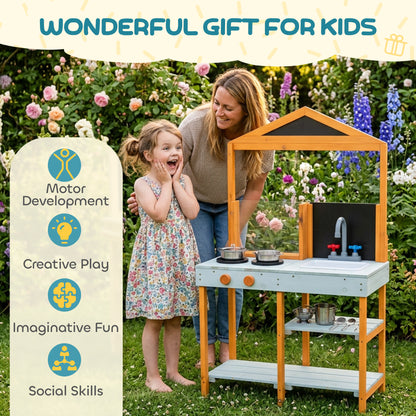 Mud Kitchen Outdoor Play Kitchen, Wooden with Stove, Removable Sink & Shelves—Includes 4 Stainless Bowls & 3 Shovels, Ages 3–8, Light Blue
