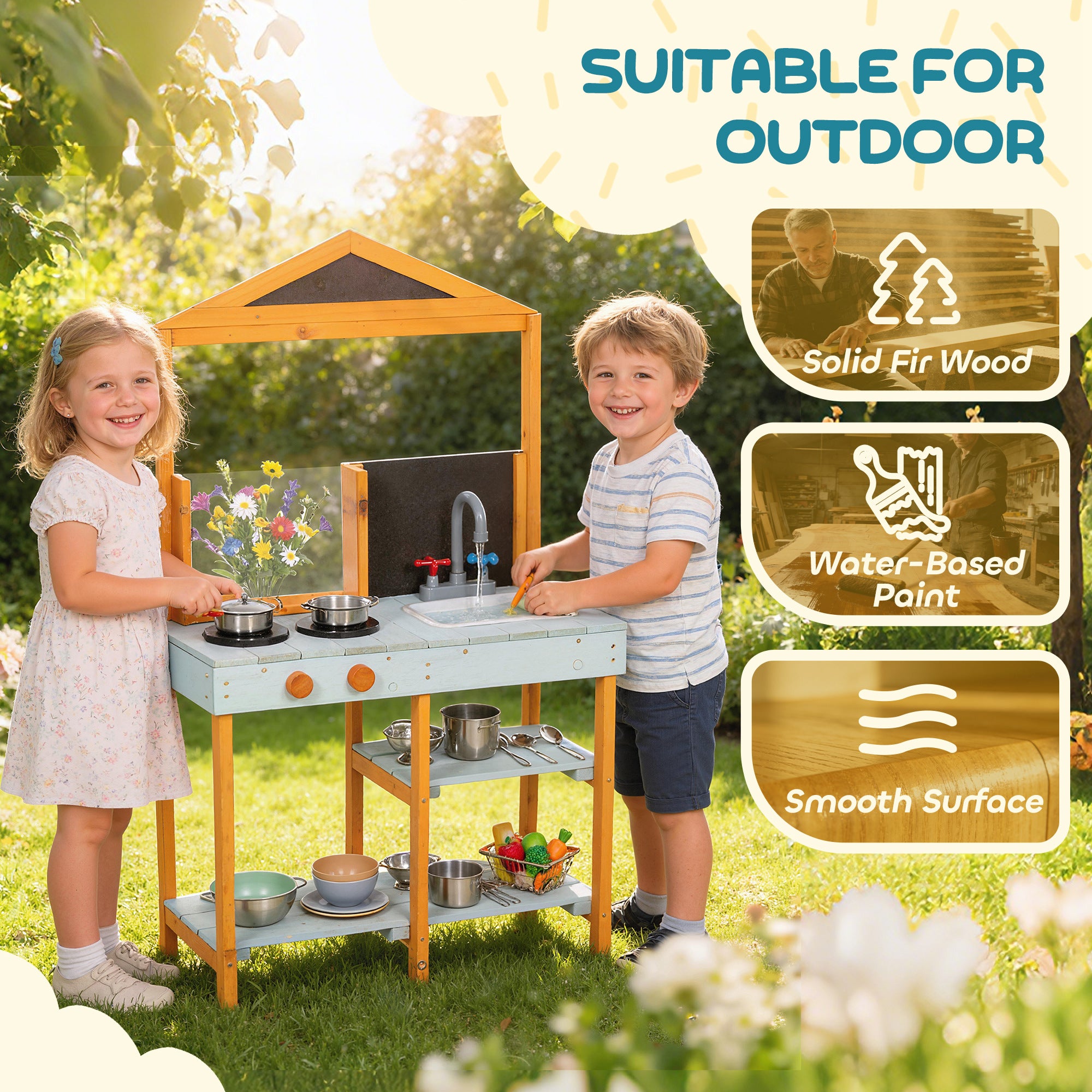 Mud Kitchen Outdoor Play Kitchen, Wooden with Stove, Removable Sink & Shelves—Includes 4 Stainless Bowls & 3 Shovels, Ages 3–8, Light Blue