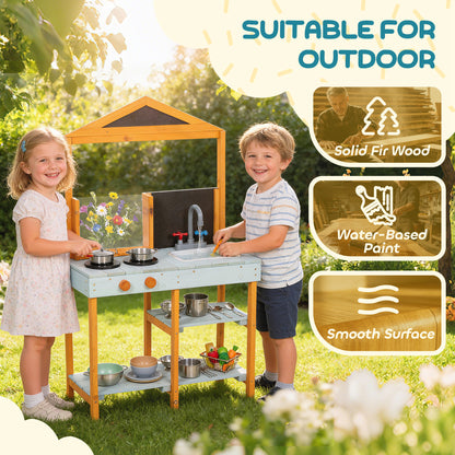 Mud Kitchen Outdoor Play Kitchen, Wooden with Stove, Removable Sink & Shelves—Includes 4 Stainless Bowls & 3 Shovels, Ages 3–8, Light Blue