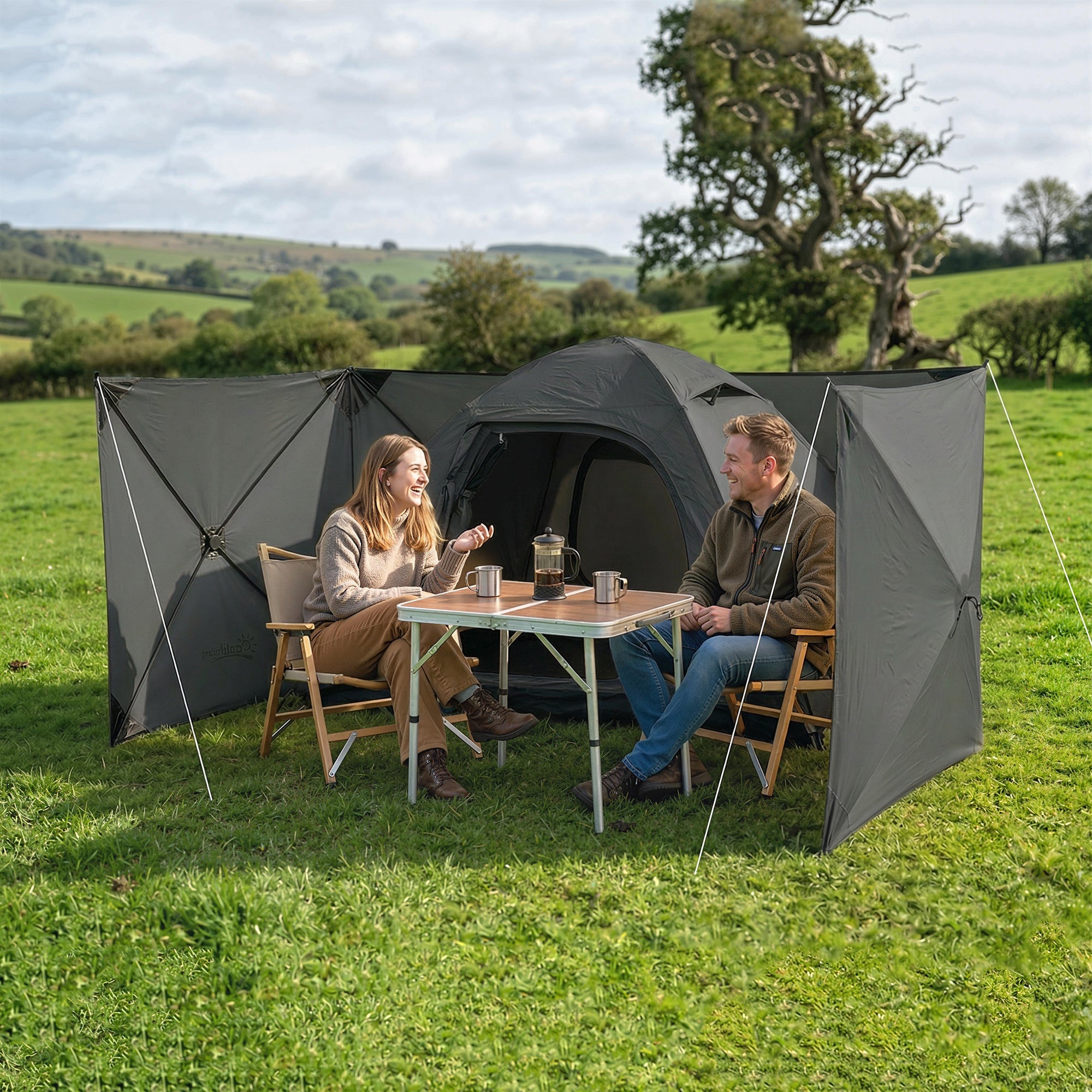 Foldable Windbreak – Camping Privacy Screen with Guy Ropes, Ground Pegs & Carry Bag, 480 x 120 cm (15 ft 9 in x 3 ft 11 in), Dark Gray