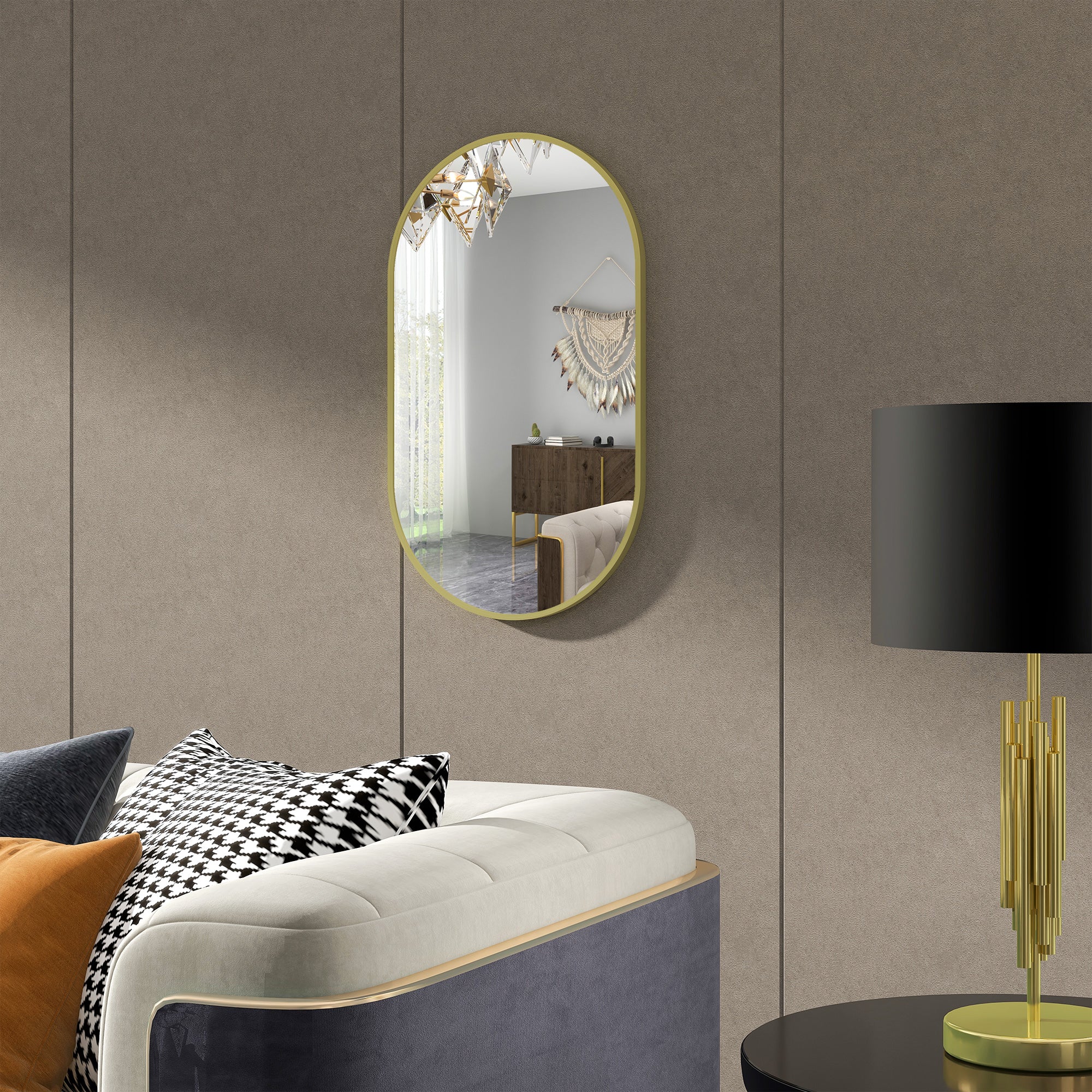Oval Bathroom Mirror 40x70 cm with Aluminum Frame Decorative Wall Mirror Horizontal or Vertical for Living Room Entryway Hallway Gold