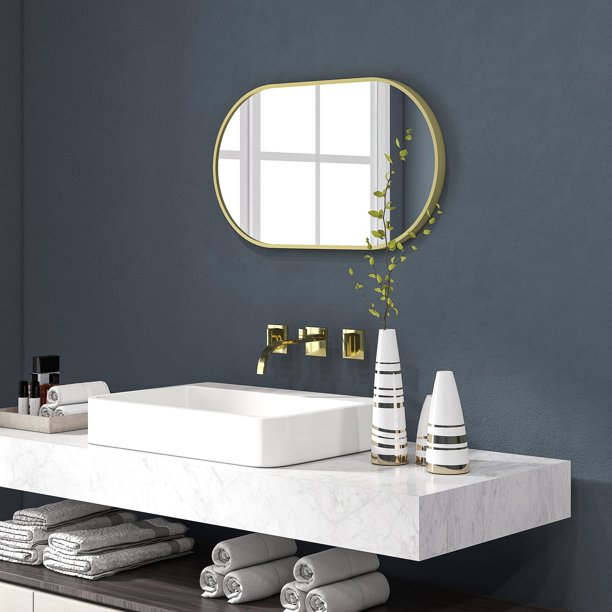 Oval Bathroom Mirror 40x70 cm with Aluminum Frame Decorative Wall Mirror Horizontal or Vertical for Living Room Entryway Hallway Gold