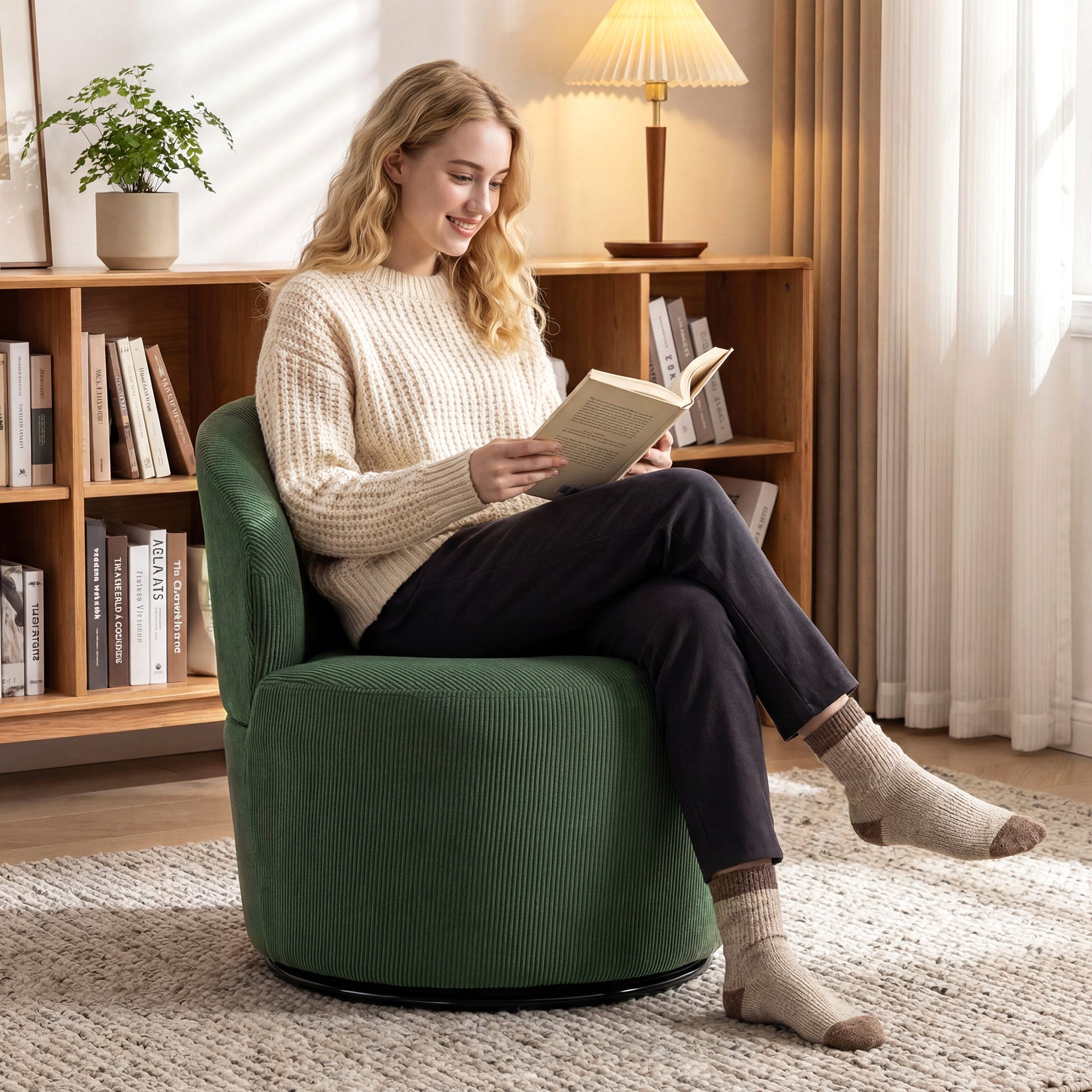 Swivel Lounge Chair with Wide Seat — Modern Upholstered Armchair with Curved Back and Thick Padding, Corduroy Look, Green