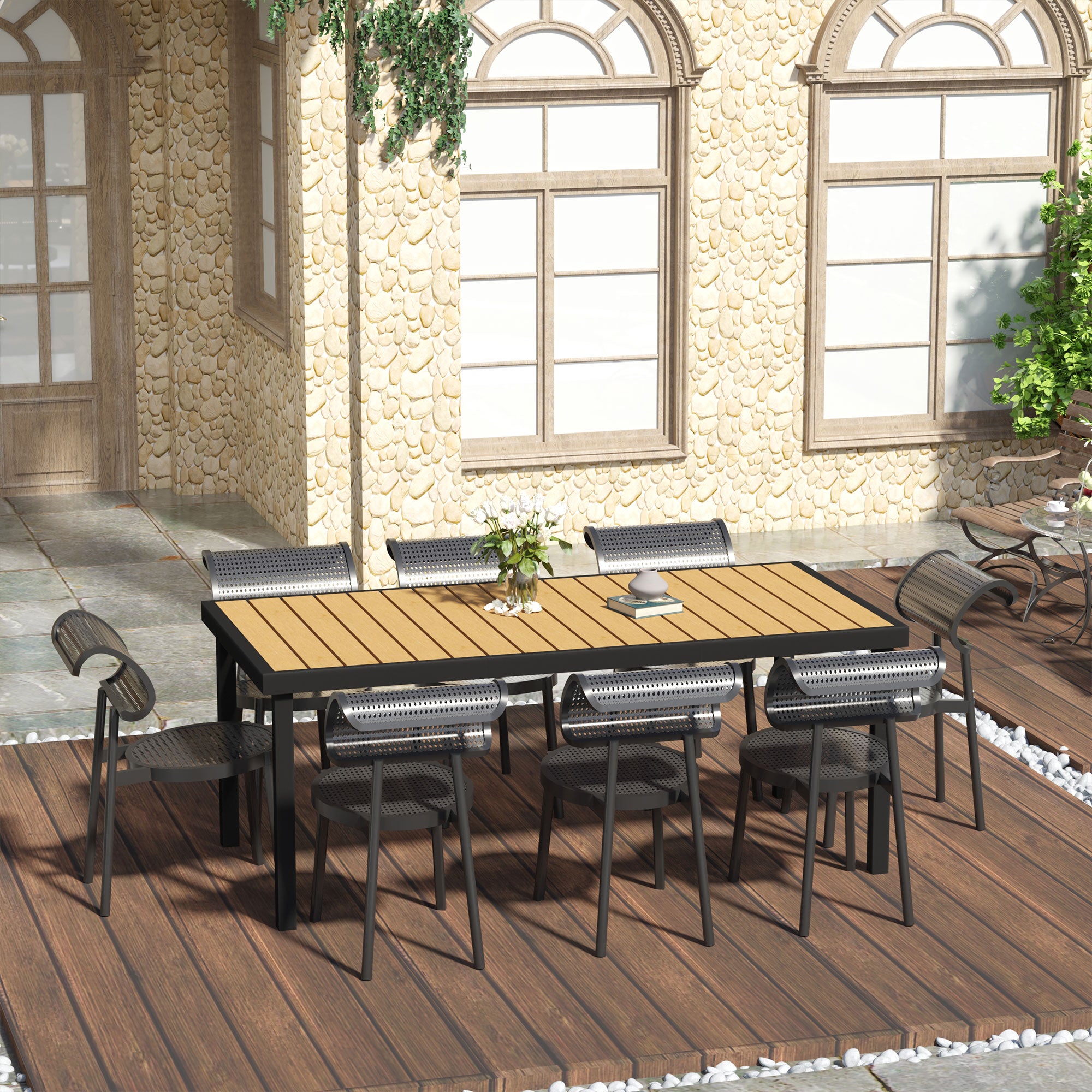 Garden Table for 8 Persons Dining Table Aluminum Table Patio Furniture Lounge Furniture Easy to Clean Plastic Natural+Black 190 x 90 x 74 cm