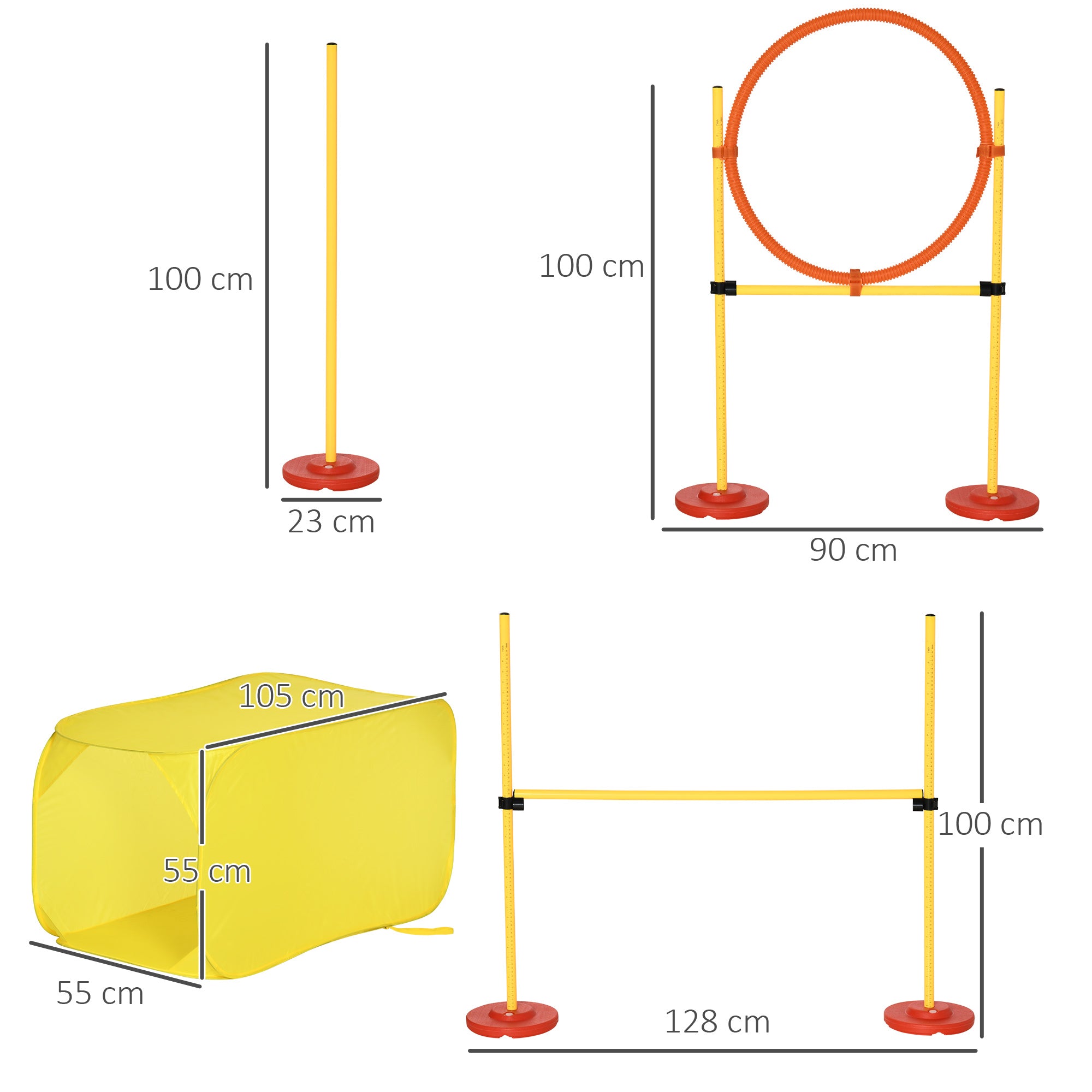 Dog Agility Hurdle Set, Dog Training Set, Obstacle Course, Plastic, Polyester, Yellow, 128 x 23 x 9-100 cm