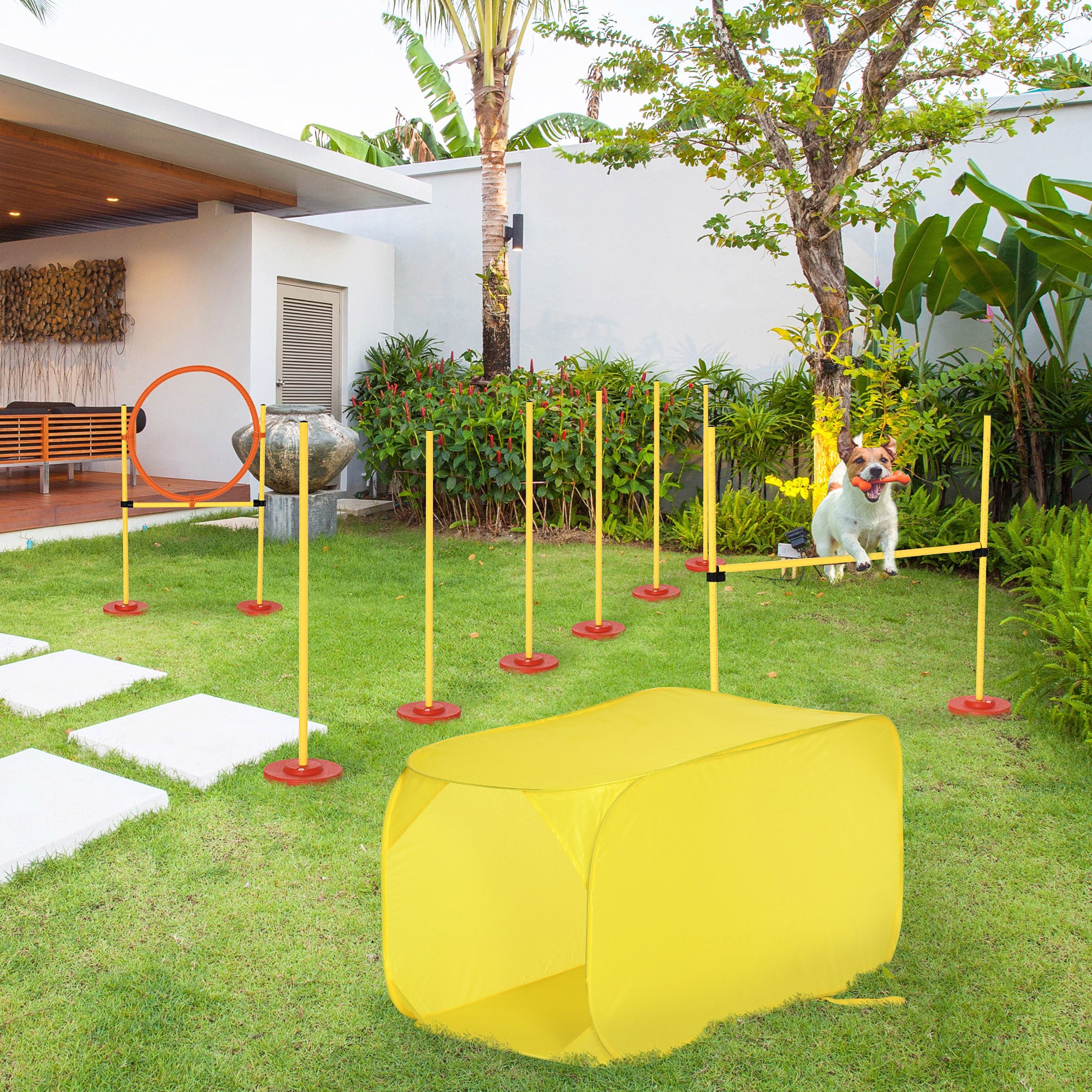 Dog Agility Hurdle Set, Dog Training Set, Obstacle Course, Plastic, Polyester, Yellow, 128 x 23 x 9-100 cm