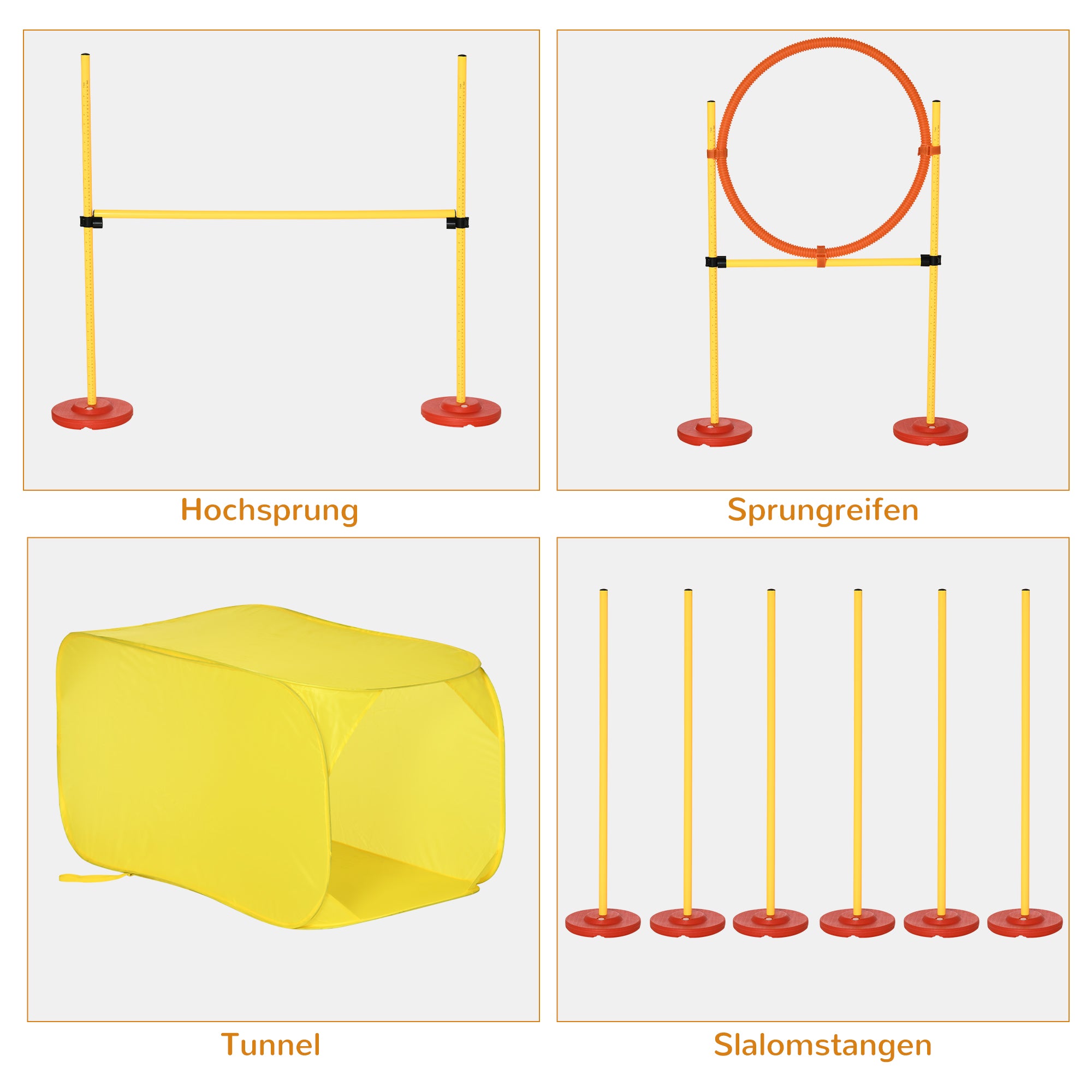 Dog Agility Hurdle Set, Dog Training Set, Obstacle Course, Plastic, Polyester, Yellow, 128 x 23 x 9-100 cm