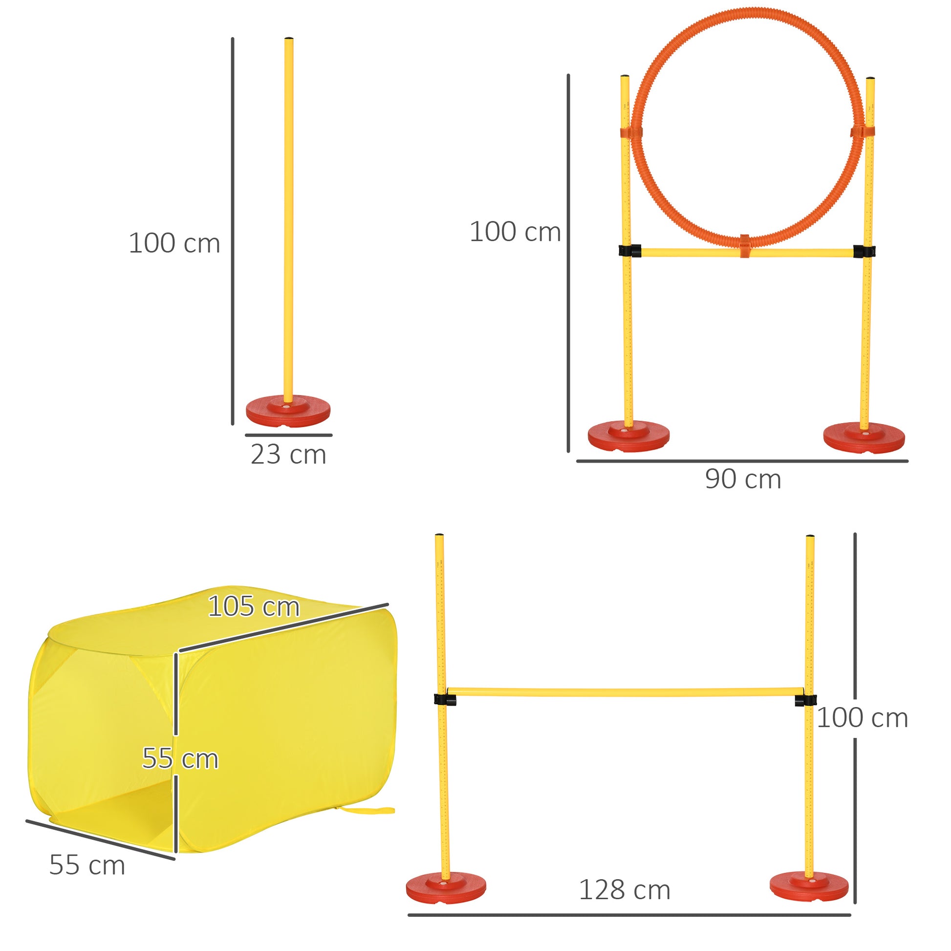 Dog Agility Hurdle Set, Dog Training Set, Obstacle Course, Plastic, Polyester, Yellow, 128 x 23 x 9-100 cm