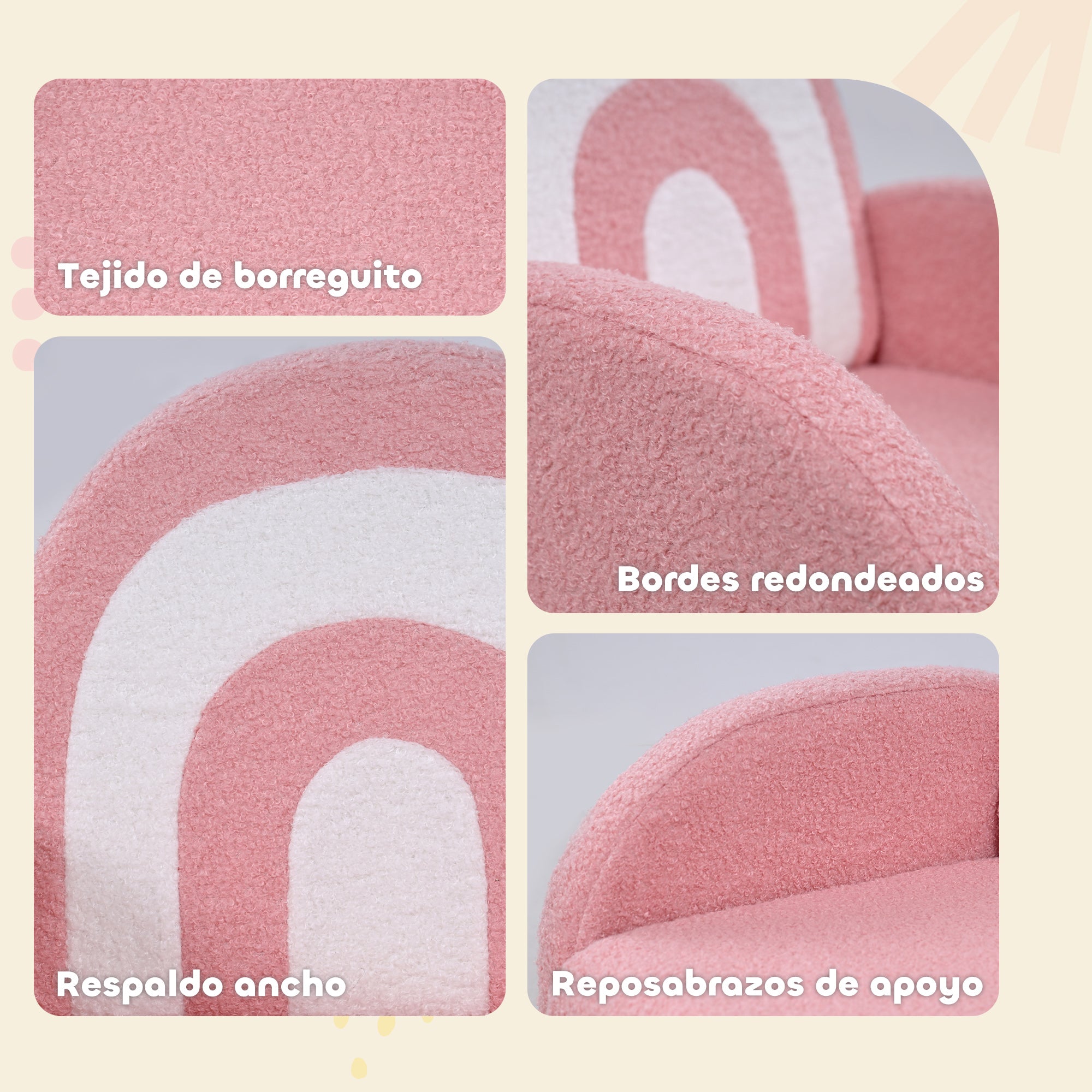 Children's Chair with Rainbow-Shaped Backrest Sofa for Children 18-96 Months Soft Sherpa Fabric Armrests 45 kg Load Pink