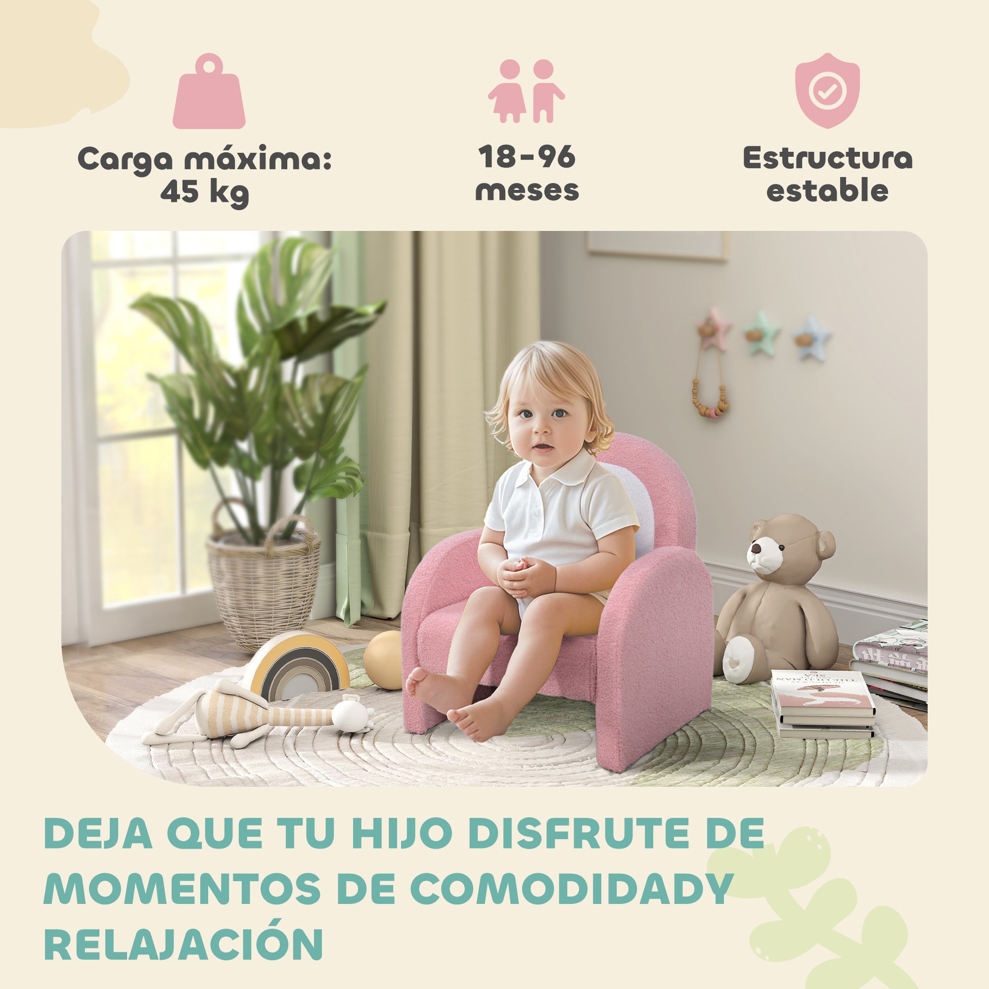 Children's Chair with Rainbow-Shaped Backrest Sofa for Children 18-96 Months Soft Sherpa Fabric Armrests 45 kg Load Pink