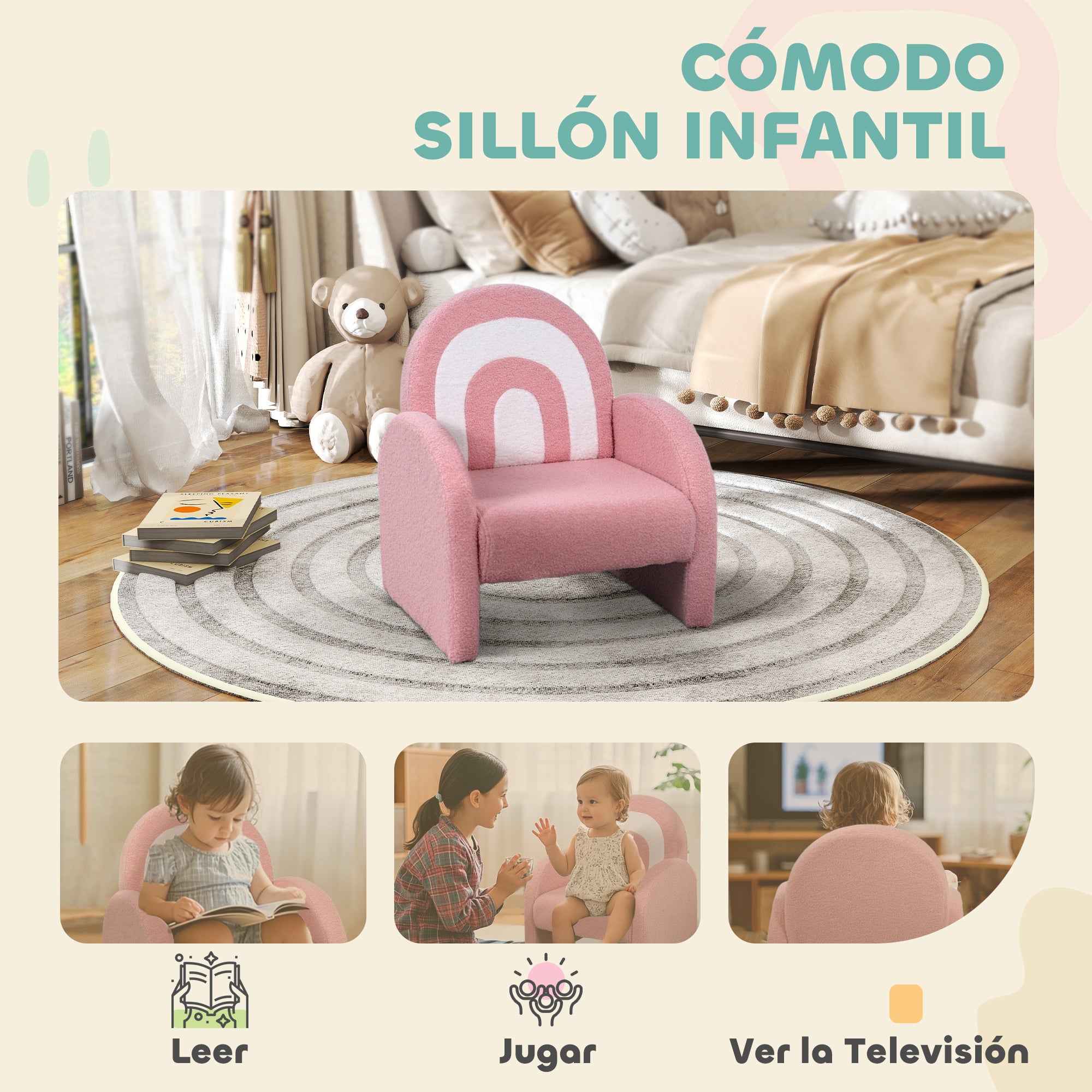 Children's Chair with Rainbow-Shaped Backrest Sofa for Children 18-96 Months Soft Sherpa Fabric Armrests 45 kg Load Pink