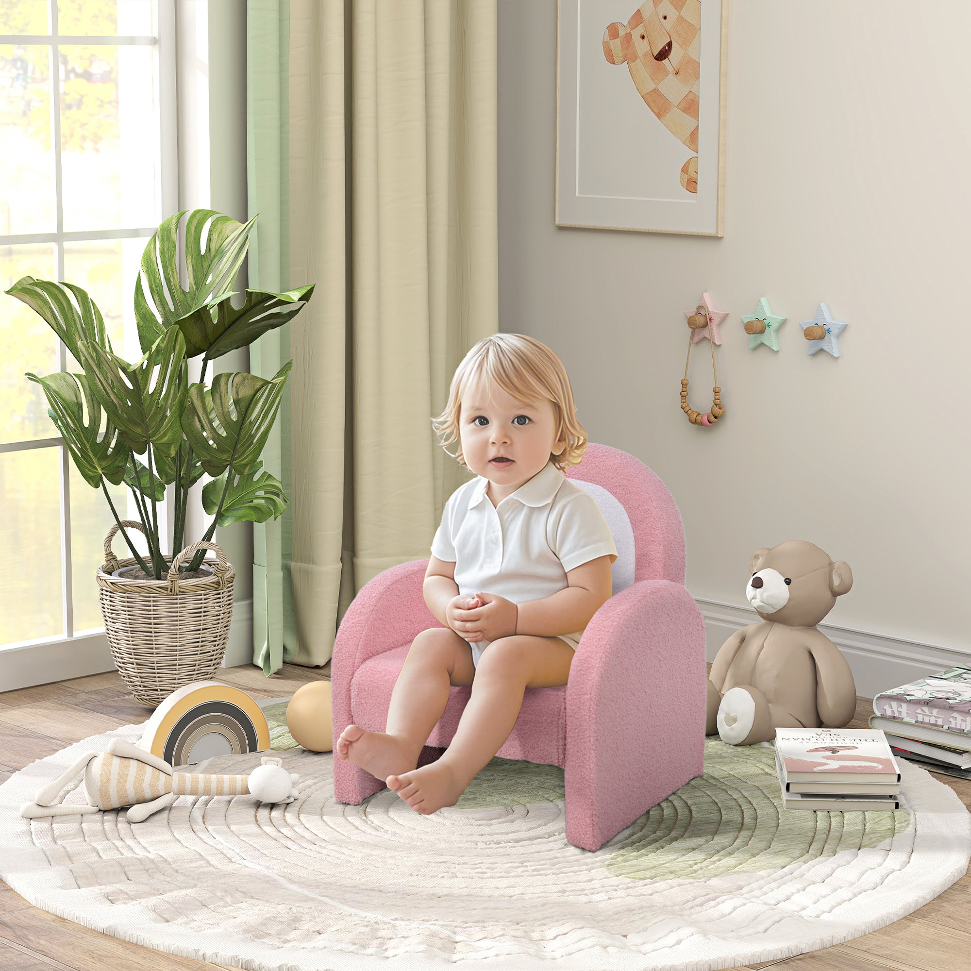 Children's Chair with Rainbow-Shaped Backrest Sofa for Children 18-96 Months Soft Sherpa Fabric Armrests 45 kg Load Pink