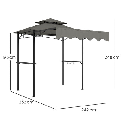 BBQ Gazebo 242 x 149 x 248 cm (95.3" x 58.7" x 97.6") — Water-Resistant, Flame-Retardant Double-Layer Roof, Side Shelves, UV30+, Gray