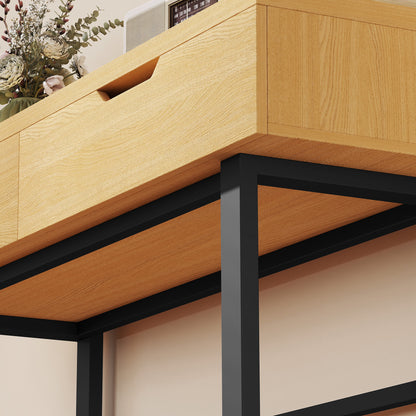 Narrow Console Table with 2 Drawers, Industrial Metal Frame, Natural – 110 × 35 × 76.5 cm (43.3″ × 13.8″ × 30.1″)