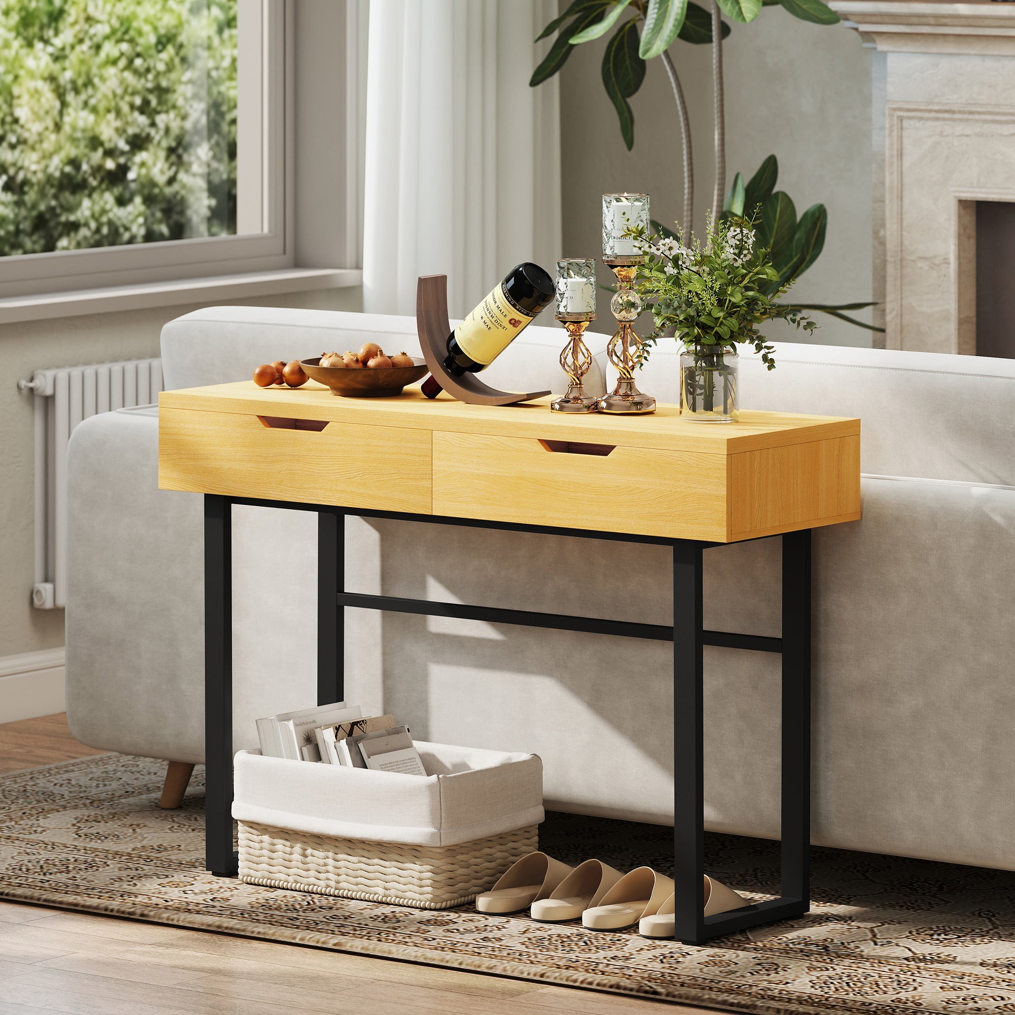 Narrow Console Table with 2 Drawers, Industrial Metal Frame, Natural – 110 × 35 × 76.5 cm (43.3″ × 13.8″ × 30.1″)