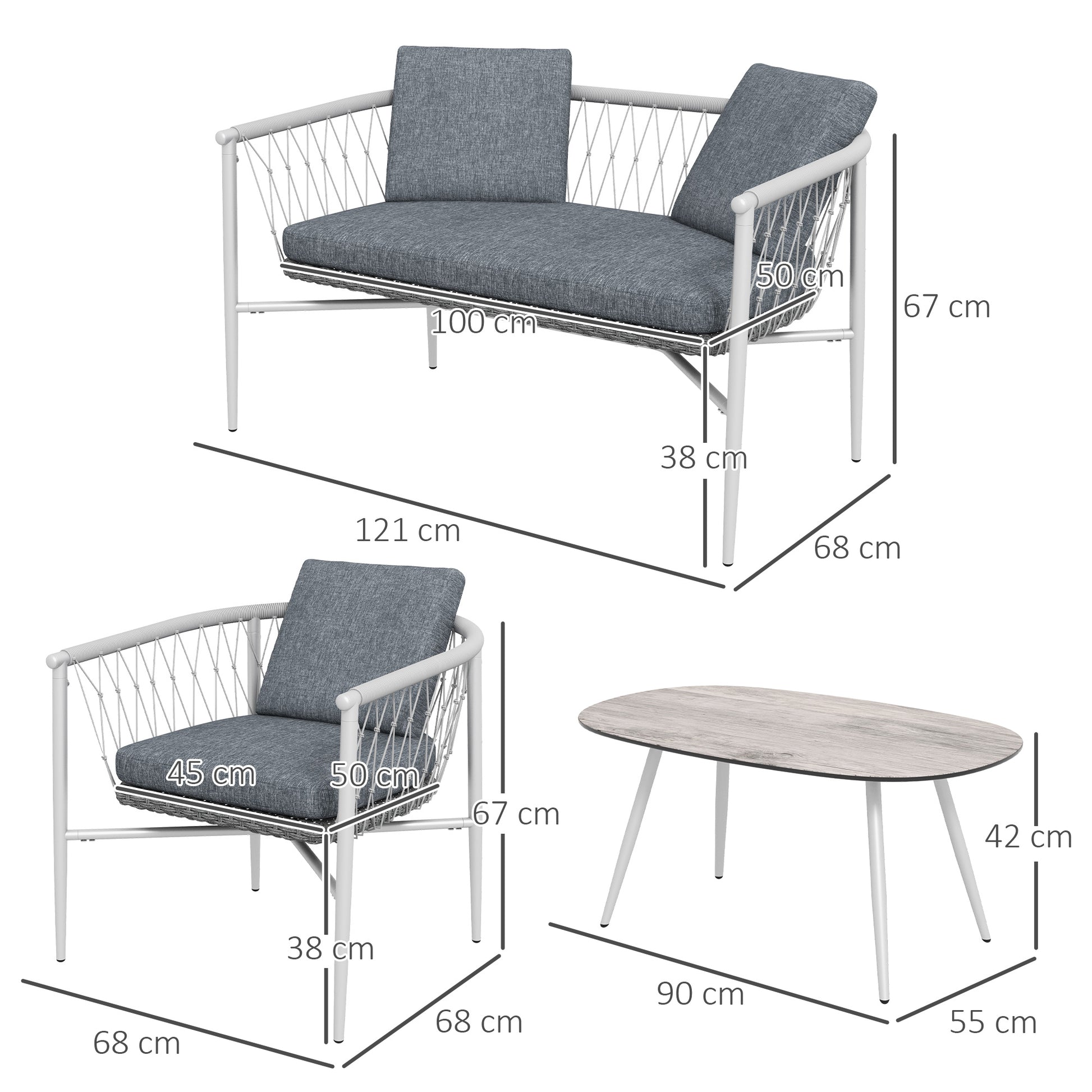 4 Piece Rattan Garden Furniture Set, Seating Group with Rocking Function, Garden Furniture Set with 1 Coffee Table, 2 Armchairs, 1 Double Sofa, Cushions, Seating Set for Garden, Terrace, Steel, Gray