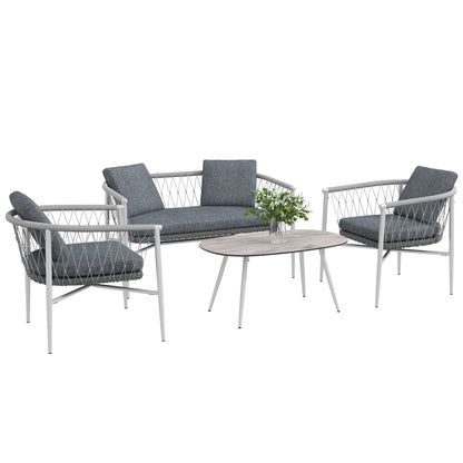 4 Piece Rattan Garden Furniture Set, Seating Group with Rocking Function, Garden Furniture Set with 1 Coffee Table, 2 Armchairs, 1 Double Sofa, Cushions, Seating Set for Garden, Terrace, Steel, Gray