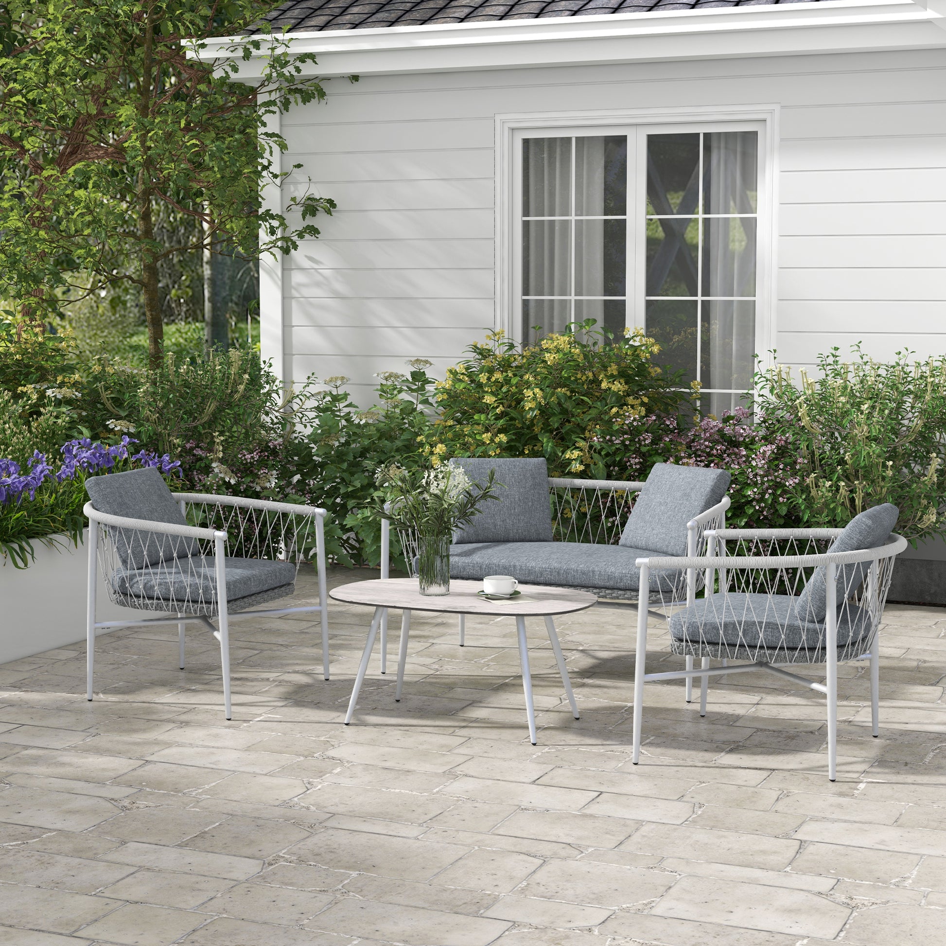 4 Piece Rattan Garden Furniture Set, Seating Group with Rocking Function, Garden Furniture Set with 1 Coffee Table, 2 Armchairs, 1 Double Sofa, Cushions, Seating Set for Garden, Terrace, Steel, Gray