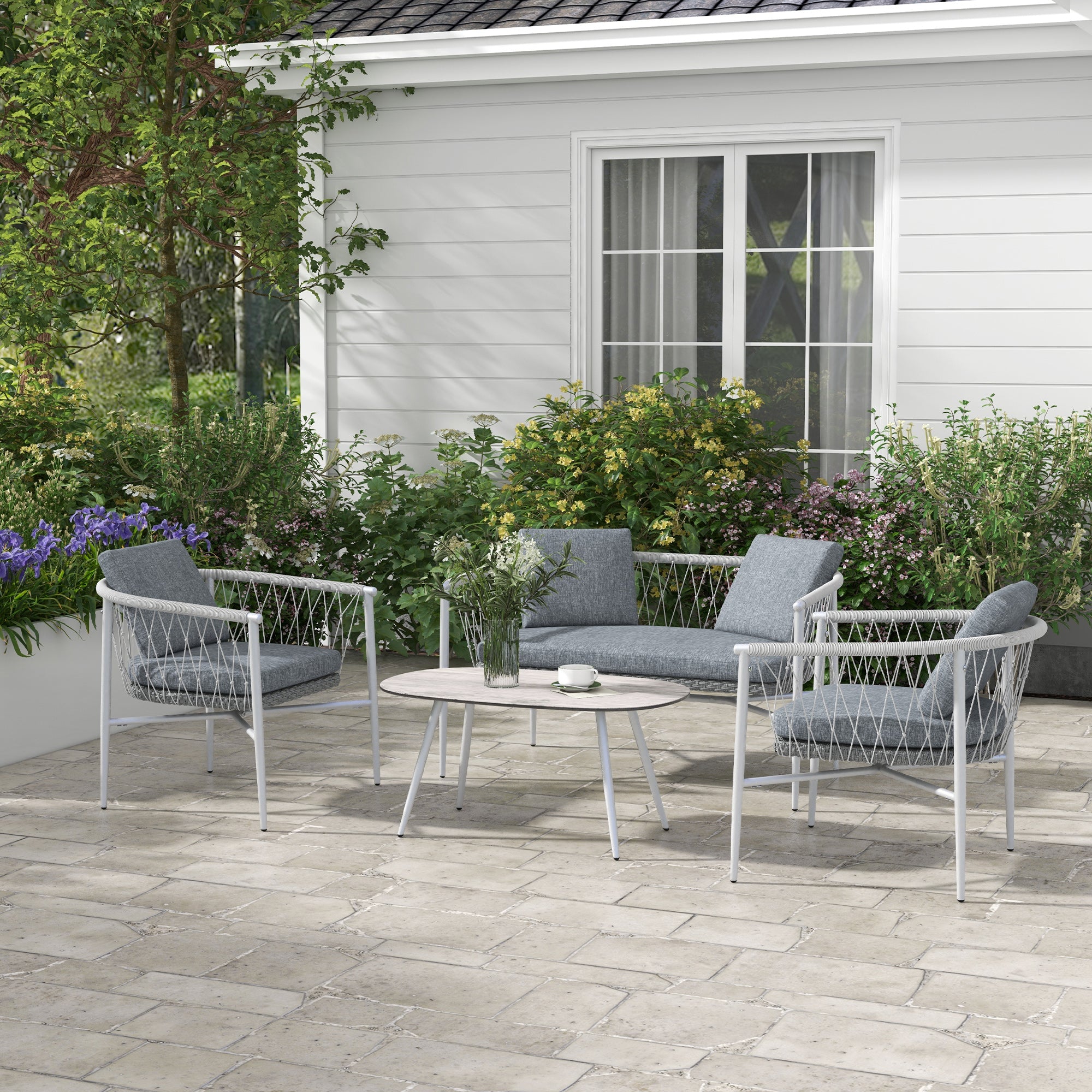 4 Piece Rattan Garden Furniture Set, Seating Group with Rocking Function, Garden Furniture Set with 1 Coffee Table, 2 Armchairs, 1 Double Sofa, Cushions, Seating Set for Garden, Terrace, Steel, Gray