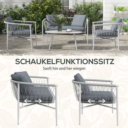4 Piece Rattan Garden Furniture Set, Seating Group with Rocking Function, Garden Furniture Set with 1 Coffee Table, 2 Armchairs, 1 Double Sofa, Cushions, Seating Set for Garden, Terrace, Steel, Gray