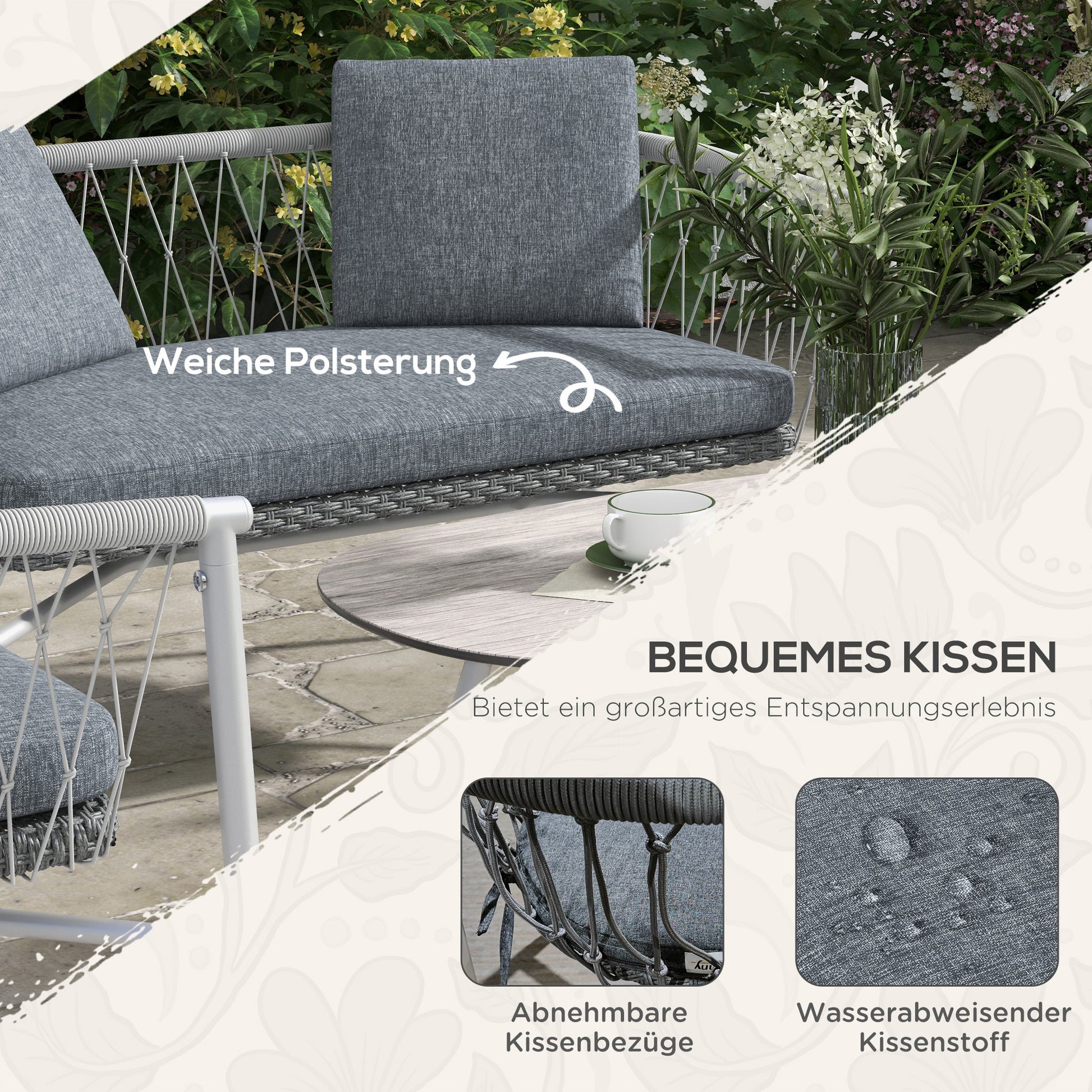 4 Piece Rattan Garden Furniture Set, Seating Group with Rocking Function, Garden Furniture Set with 1 Coffee Table, 2 Armchairs, 1 Double Sofa, Cushions, Seating Set for Garden, Terrace, Steel, Gray
