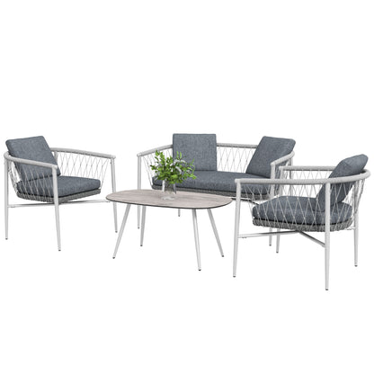 4 Piece Rattan Garden Furniture Set, Seating Group with Rocking Function, Garden Furniture Set with 1 Coffee Table, 2 Armchairs, 1 Double Sofa, Cushions, Seating Set for Garden, Terrace, Steel, Gray