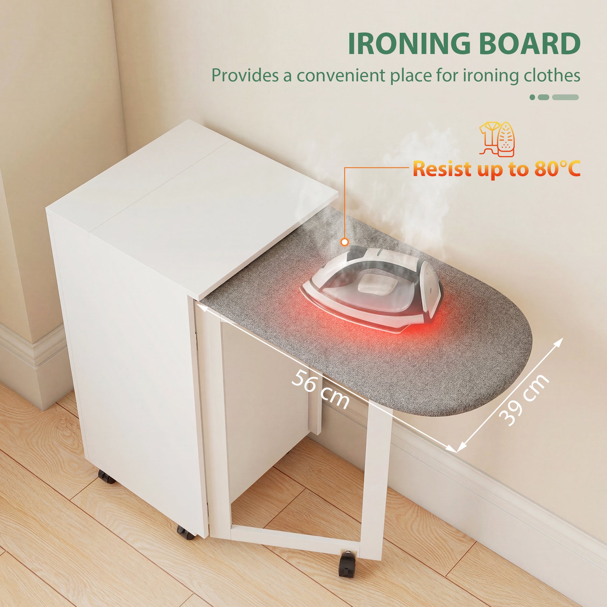 Foldable Ironing Board Cabinet with 2 Doors & Adjustable Shelves — Fold-Down Ironing Station with Storage, Soft-Close Hinges, Wheels, White (39.2 x 16.9 x 32.7 in)