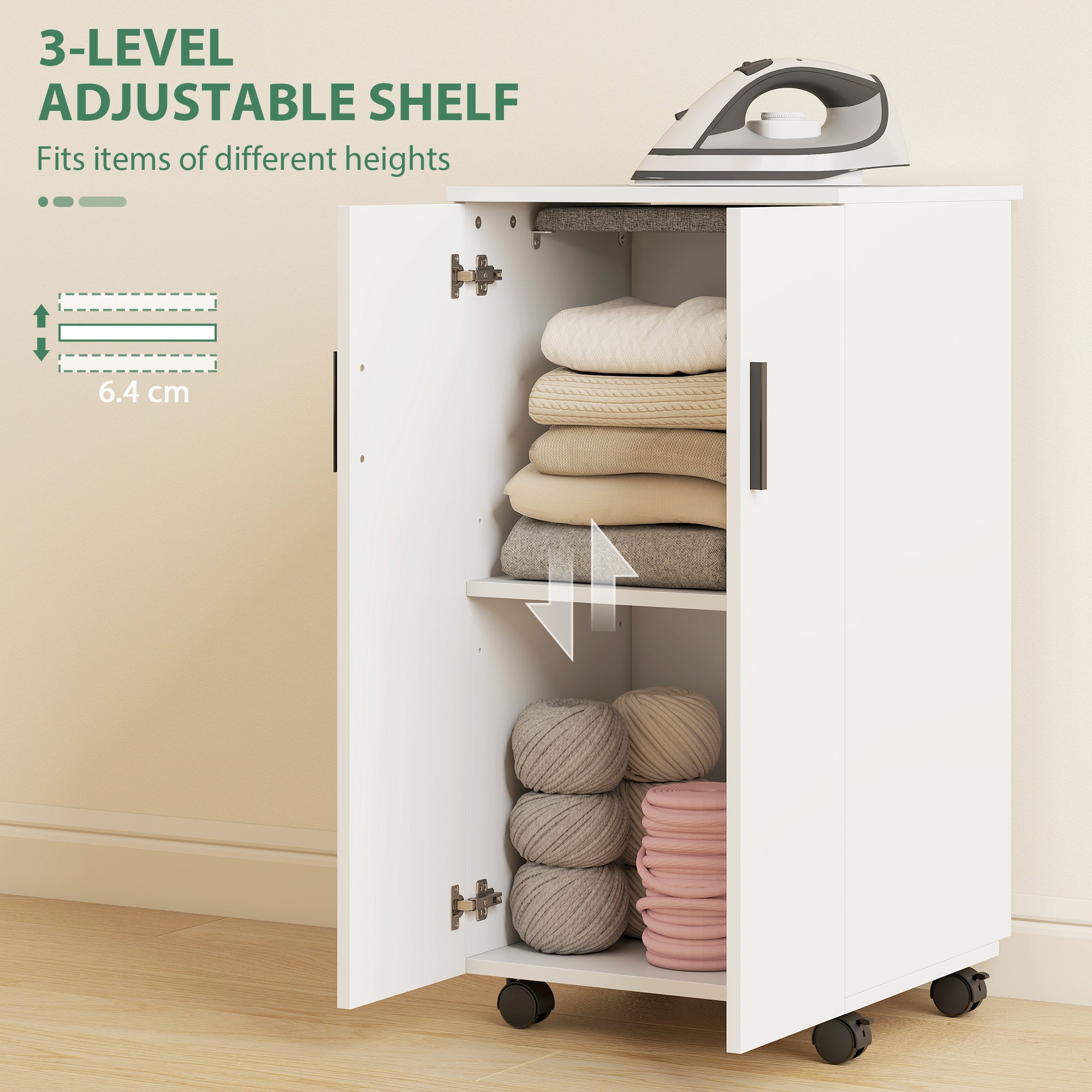 Foldable Ironing Board Cabinet with 2 Doors & Adjustable Shelves — Fold-Down Ironing Station with Storage, Soft-Close Hinges, Wheels, White (39.2 x 16.9 x 32.7 in)