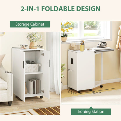 Foldable Ironing Board Cabinet with 2 Doors & Adjustable Shelves — Fold-Down Ironing Station with Storage, Soft-Close Hinges, Wheels, White (39.2 x 16.9 x 32.7 in)