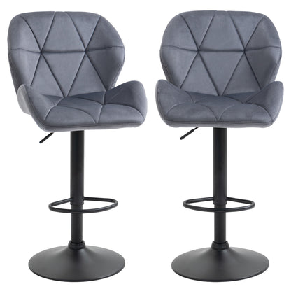Set of 2 Bar Stools with Adjustable Height Metal Base Velvet Seat, Swivel High Kitchen Stools with Backrest and Footrest, 51.5x57.5x93-114.5cm, Gray