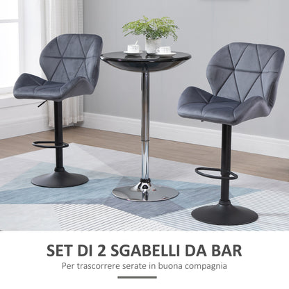 Set of 2 Bar Stools with Adjustable Height Metal Base Velvet Seat, Swivel High Kitchen Stools with Backrest and Footrest, 51.5x57.5x93-114.5cm, Gray