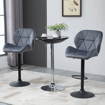 Set of 2 Bar Stools with Adjustable Height Metal Base Velvet Seat, Swivel High Kitchen Stools with Backrest and Footrest, 51.5x57.5x93-114.5cm, Gray