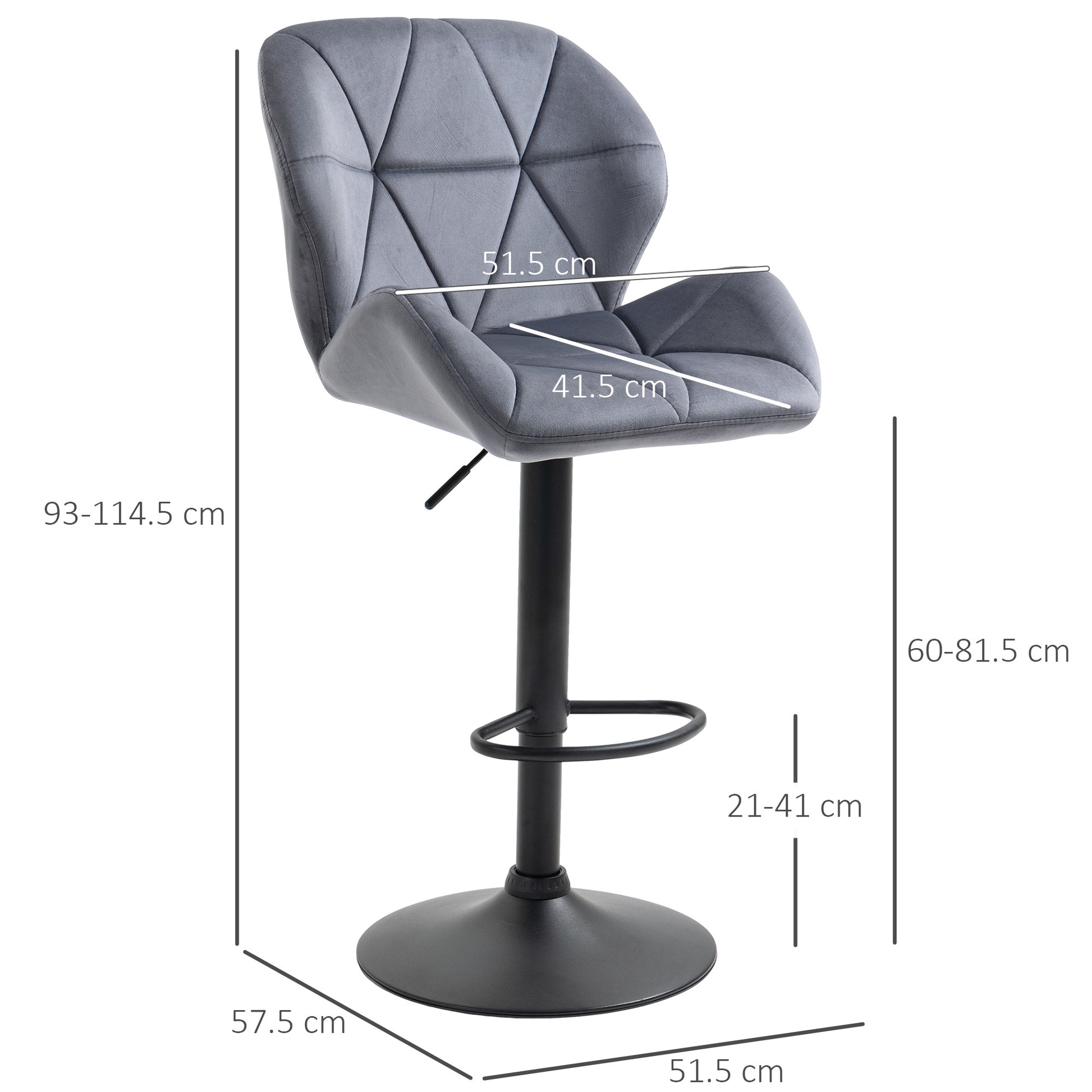 Set of 2 Bar Stools with Adjustable Height Metal Base Velvet Seat, Swivel High Kitchen Stools with Backrest and Footrest, 51.5x57.5x93-114.5cm, Gray