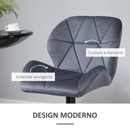 Set of 2 Bar Stools with Adjustable Height Metal Base Velvet Seat, Swivel High Kitchen Stools with Backrest and Footrest, 51.5x57.5x93-114.5cm, Gray