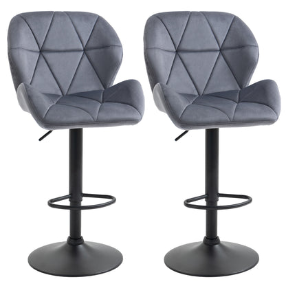 Set of 2 Bar Stools with Adjustable Height Metal Base Velvet Seat, Swivel High Kitchen Stools with Backrest and Footrest, 51.5x57.5x93-114.5cm, Gray