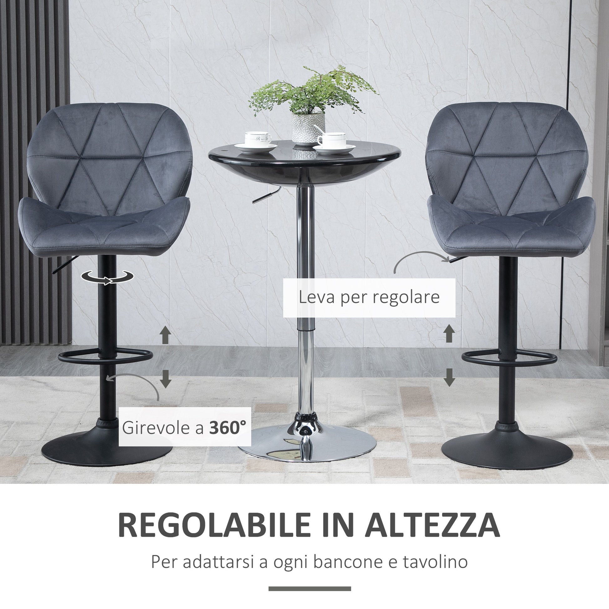 Set of 2 Bar Stools with Adjustable Height Metal Base Velvet Seat, Swivel High Kitchen Stools with Backrest and Footrest, 51.5x57.5x93-114.5cm, Gray