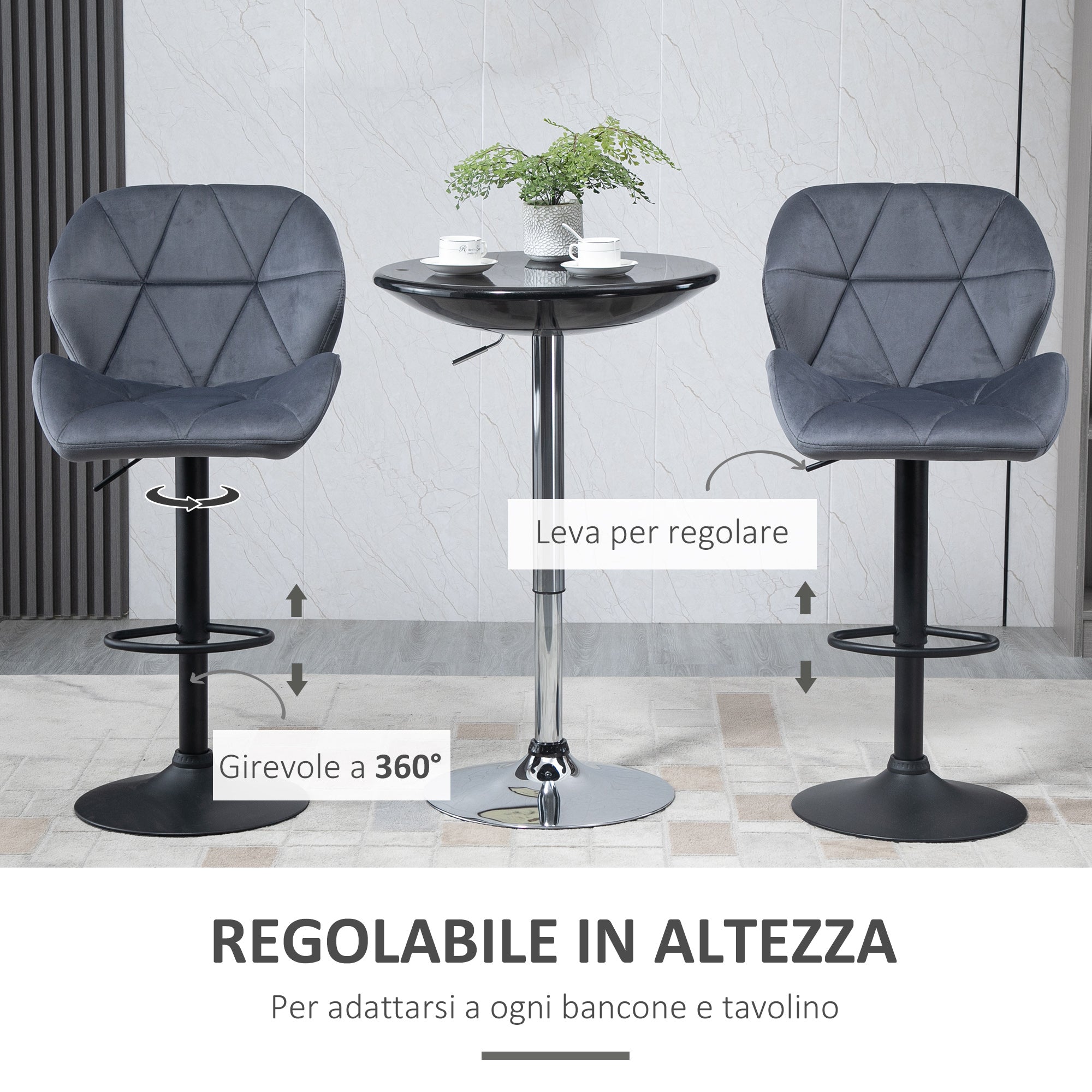 Set of 2 Bar Stools with Adjustable Height Metal Base Velvet Seat, Swivel High Kitchen Stools with Backrest and Footrest, 51.5x57.5x93-114.5cm, Gray