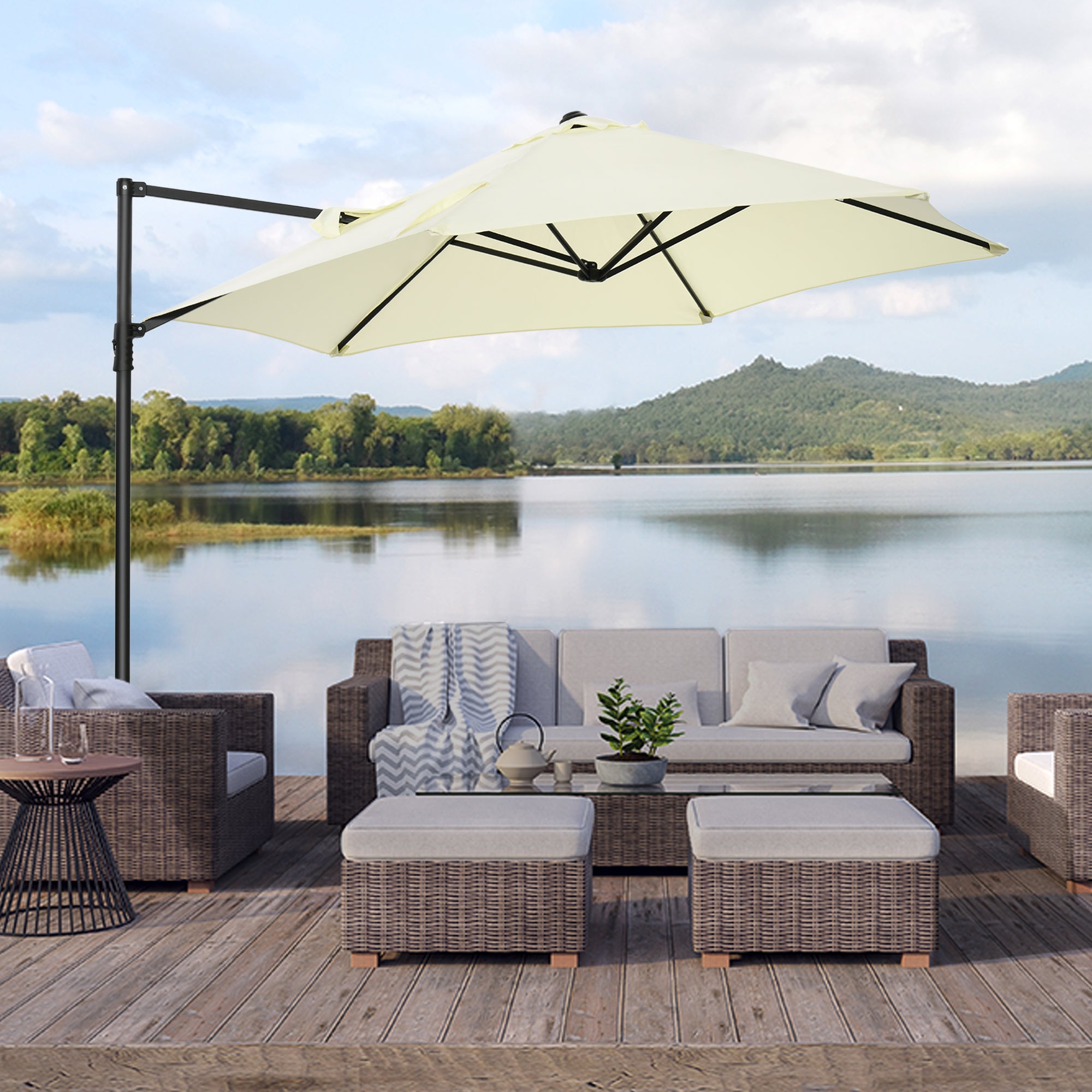 Ø256x245 cm Garden Umbrella Offset Parasol with 360° Manual Rotation and Cross Base for Patio Terrace Outdoor Beige