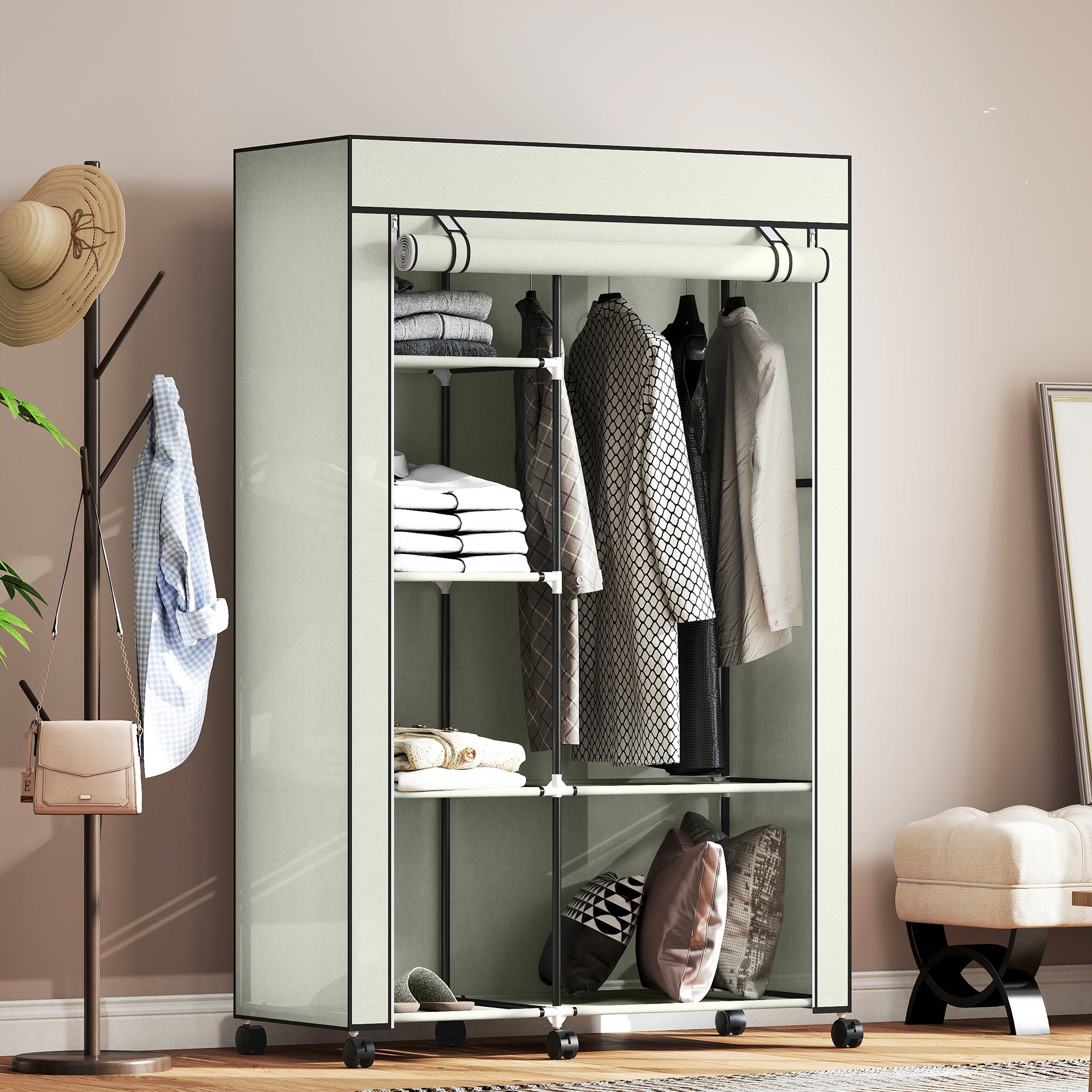 Fabric Wardrobe Organizer with Hanging Rail & Open Shelves, 40.6 x 16.9 x 64.0 in (103 x 43 x 162.5 cm) — Cream