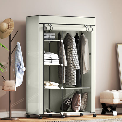 Fabric Wardrobe Organizer with Hanging Rail & Open Shelves, 40.6 x 16.9 x 64.0 in (103 x 43 x 162.5 cm) — Cream
