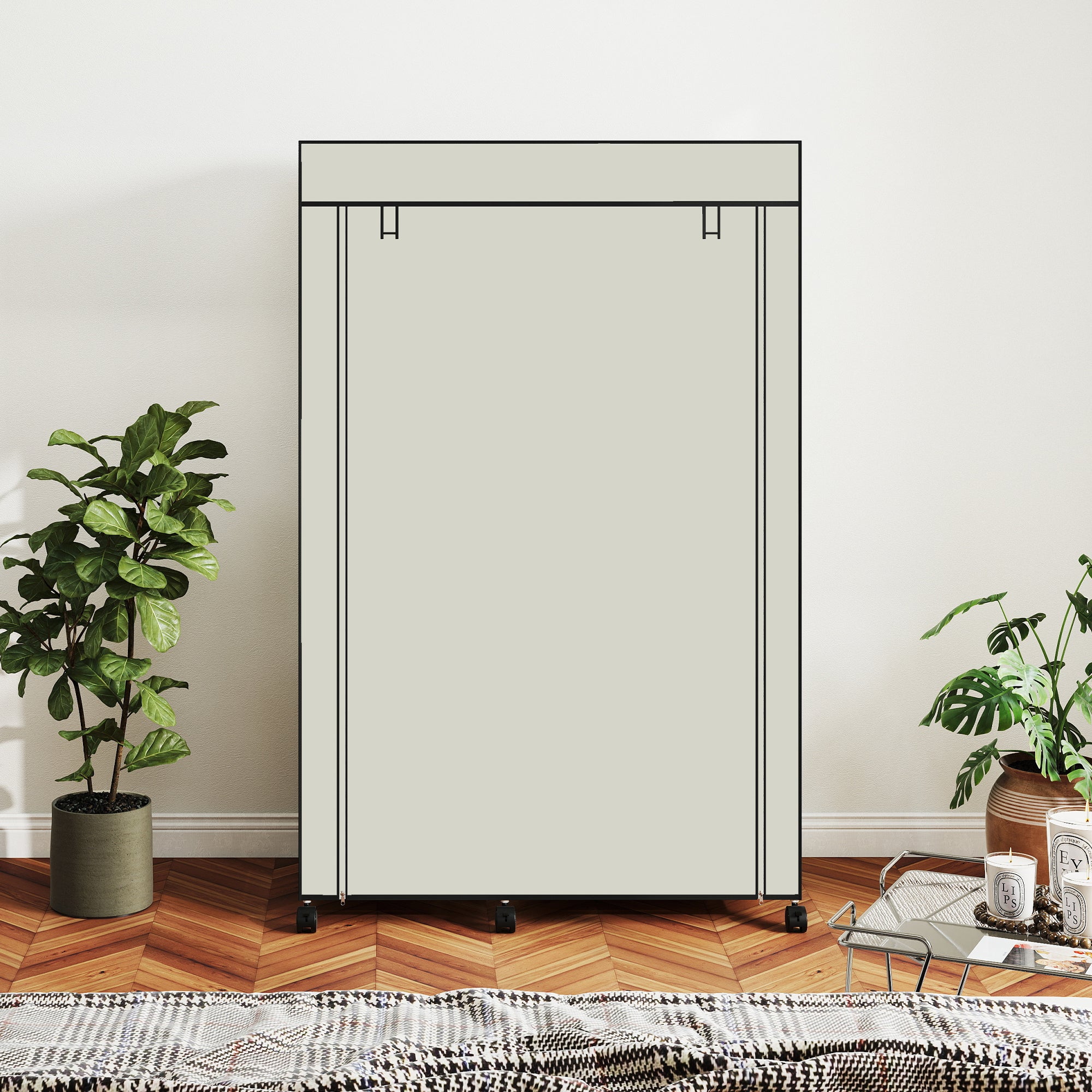 Fabric Wardrobe Organizer with Hanging Rail & Open Shelves, 40.6 x 16.9 x 64.0 in (103 x 43 x 162.5 cm) — Cream