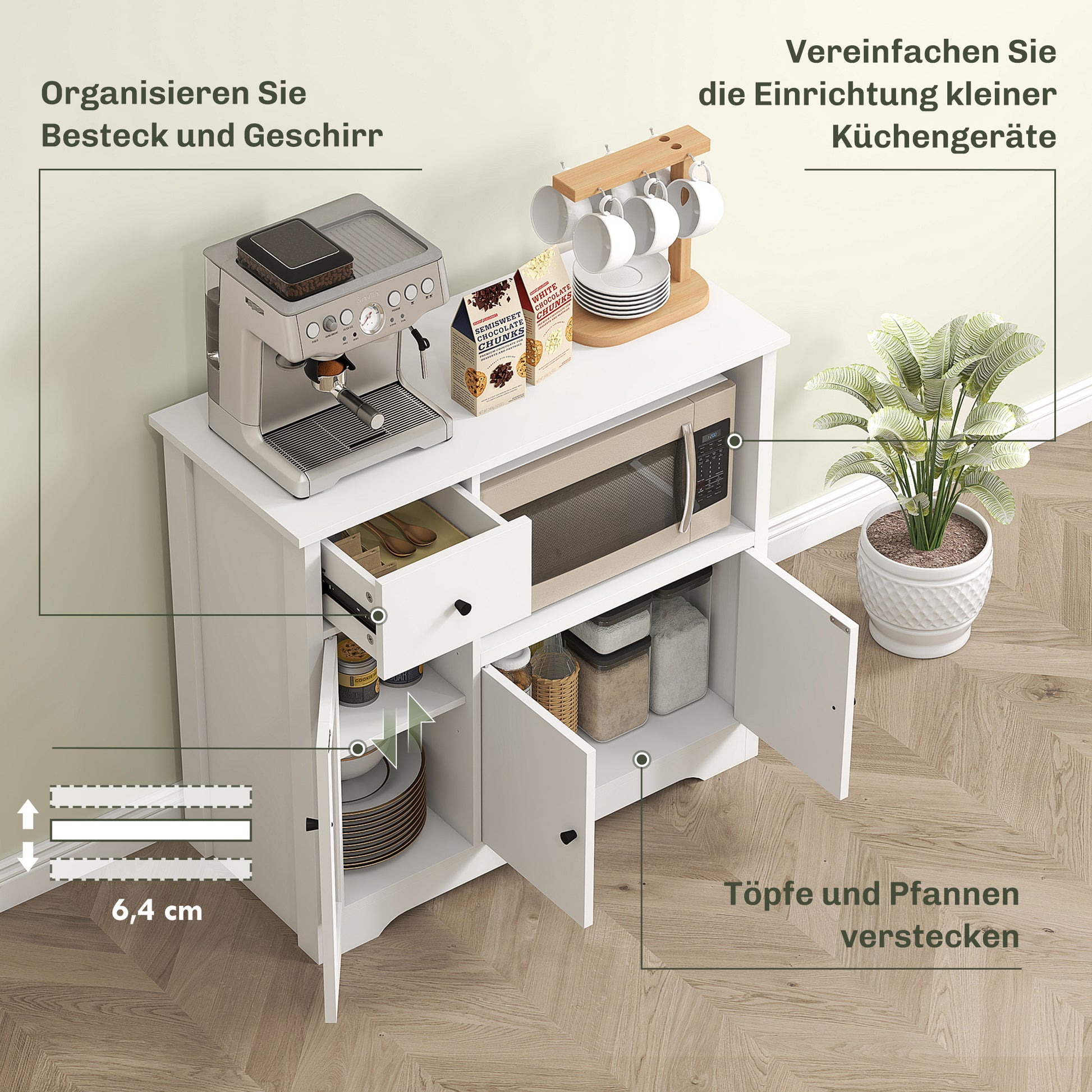 Kitchen Cabinet Sideboard with Microwave Shelf Microwave Cabinet with 3 Doors, Drawer, Adjustable Shelves, Storage Cabinet for Kitchen, Dining Room, Living Room, White